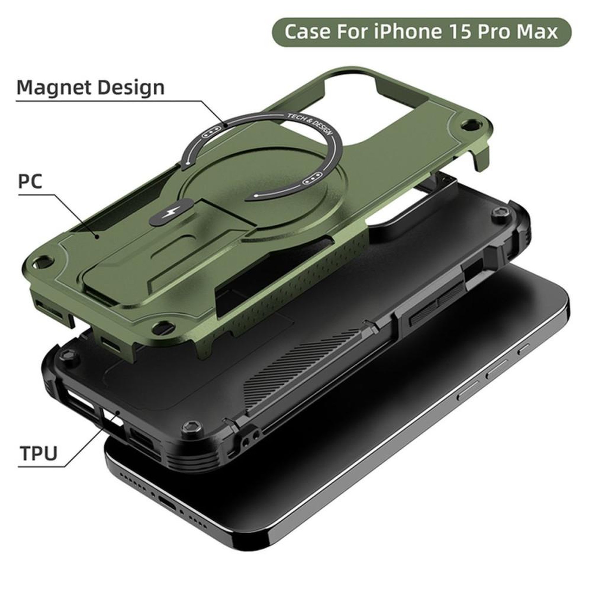 Voir la diapositive 3 : Coque iPhone 15 Pro Max MagSafe magnétique HCT Style verte anti-choc avec support intégré et anneau