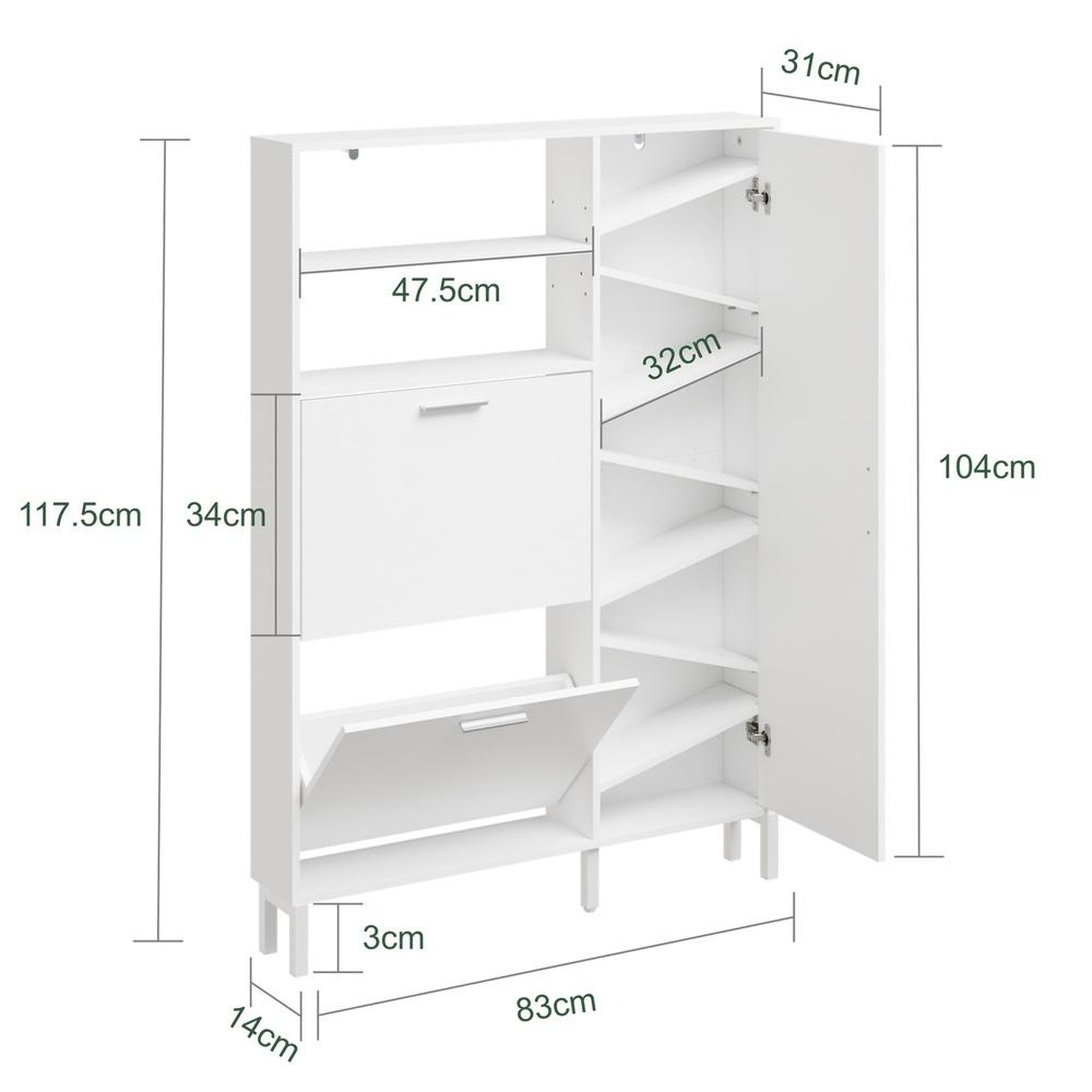 Voir la diapositive 3 : SOBUY Armoire à chaussures compacte 2-en-1 avec portes rabattables et étagères inclinées, blanc