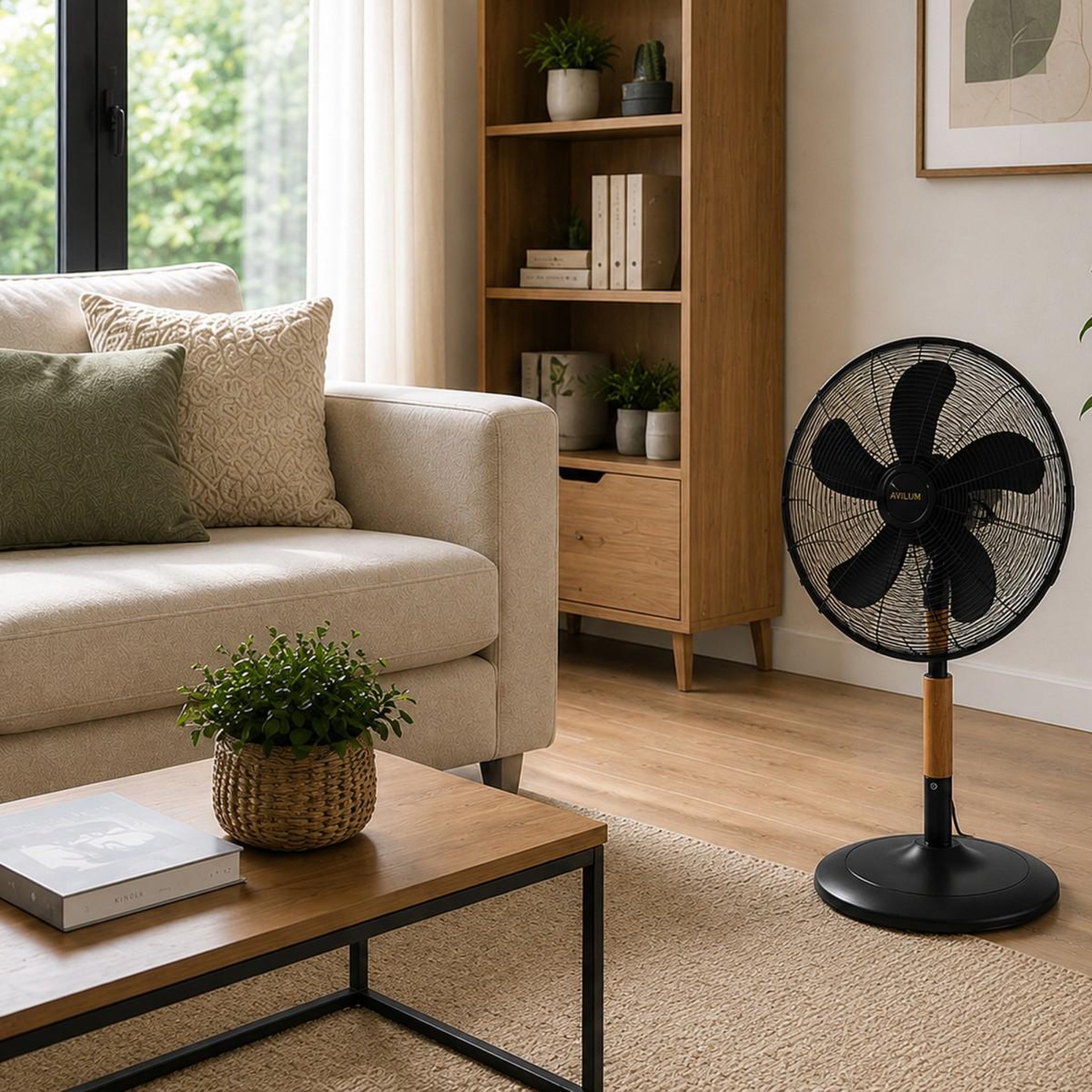 Voir la diapositive 5 : NIKLAS Ventilateur 60w mat en bois - ventilateur 3 vitesses hauteur 76cm tête réglable niklas