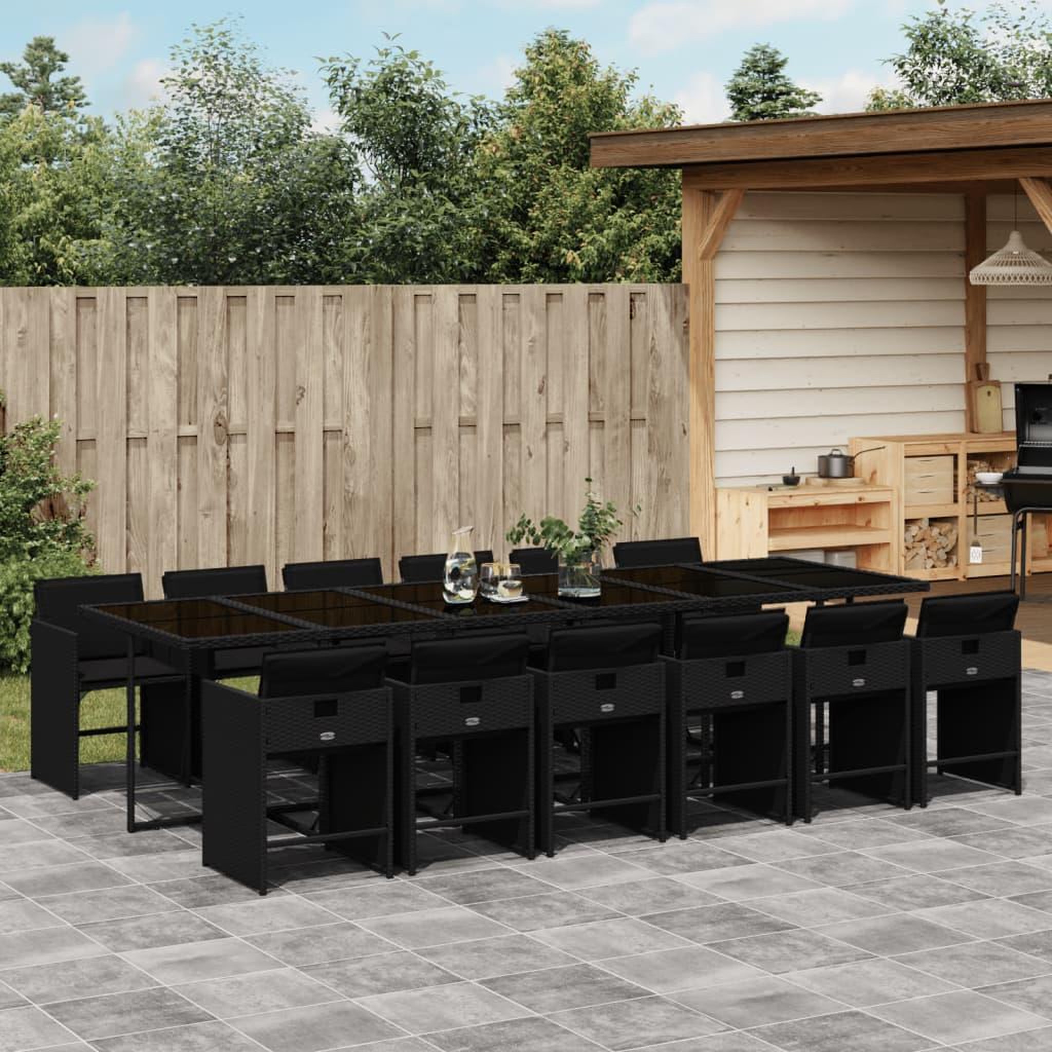 VIDAXL Ensemble a manger de jardin 13 pcs coussins noir resine tressee