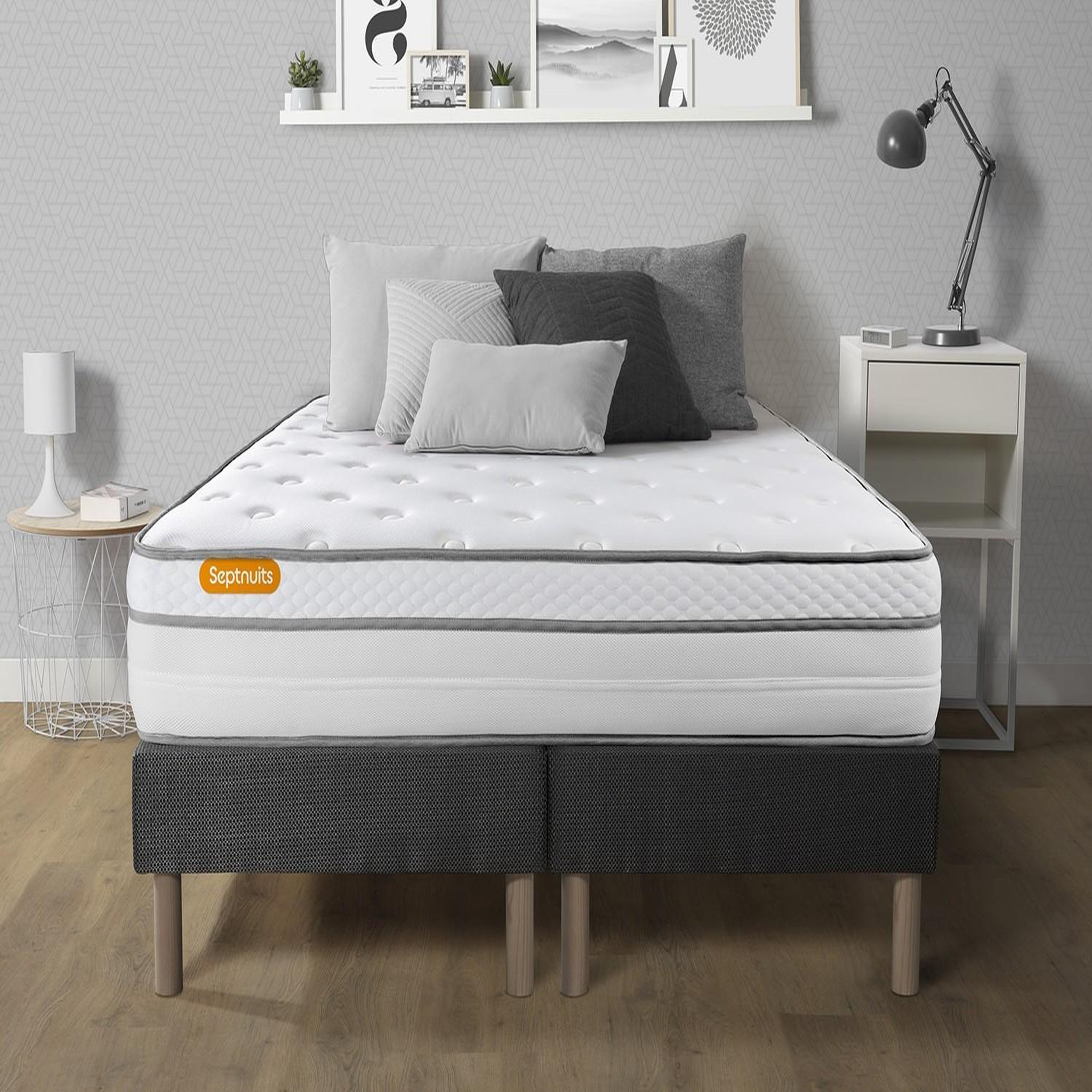 SEPTNUITS Matelas + double sommiers gris Memo Luxe Ressorts ensachés + mémoire de forme 5 zones de confort MAXI épaisseur. Coloris disponibles : Gris