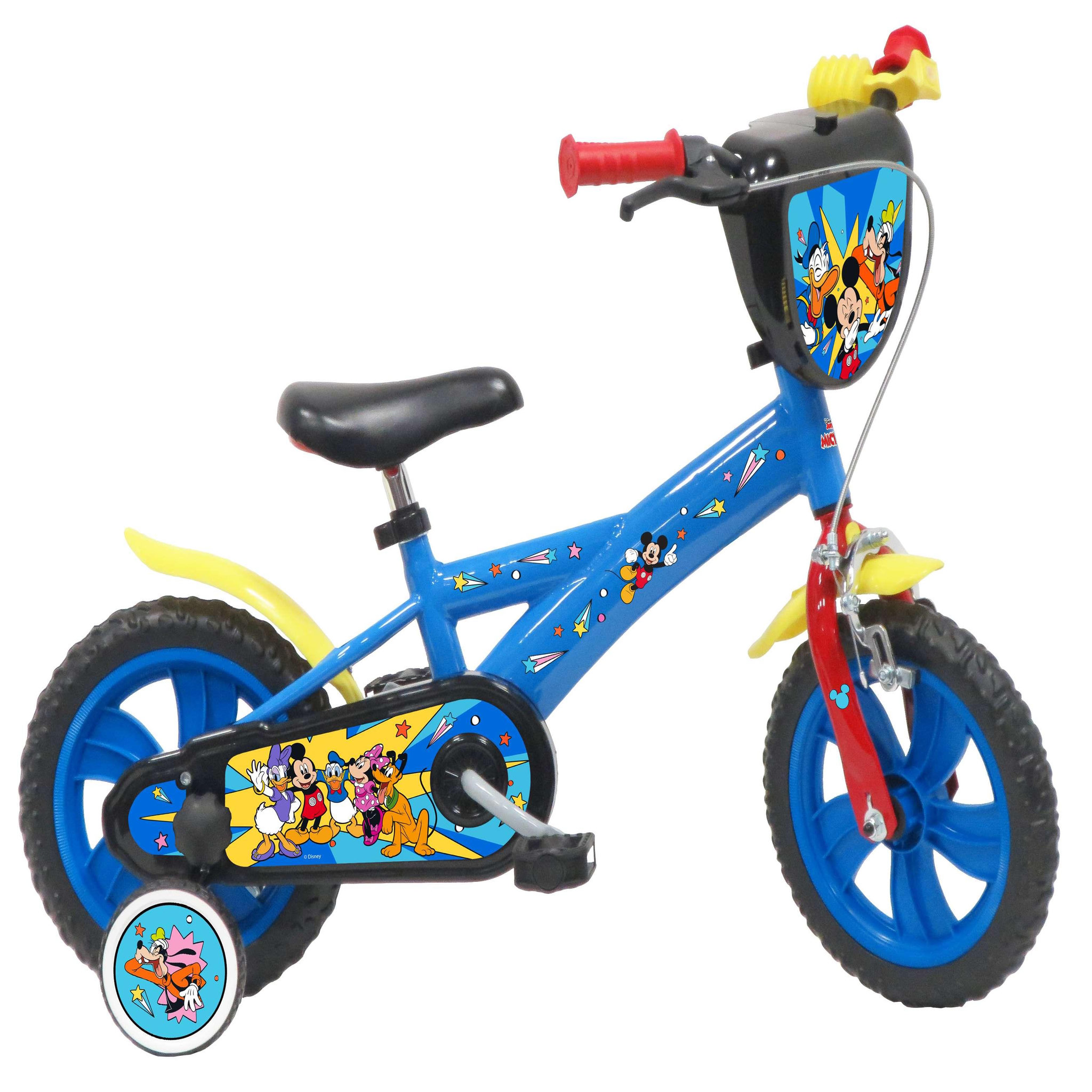 Voir la diapositive 1 : Disney Mickey Vélo enfant 12'' - Modèle  Mickey  pour enfant de 85 à 100 cm - Livré avec stabilisateurs - Plaque décorative avant - 1 frein et roues à bâtons