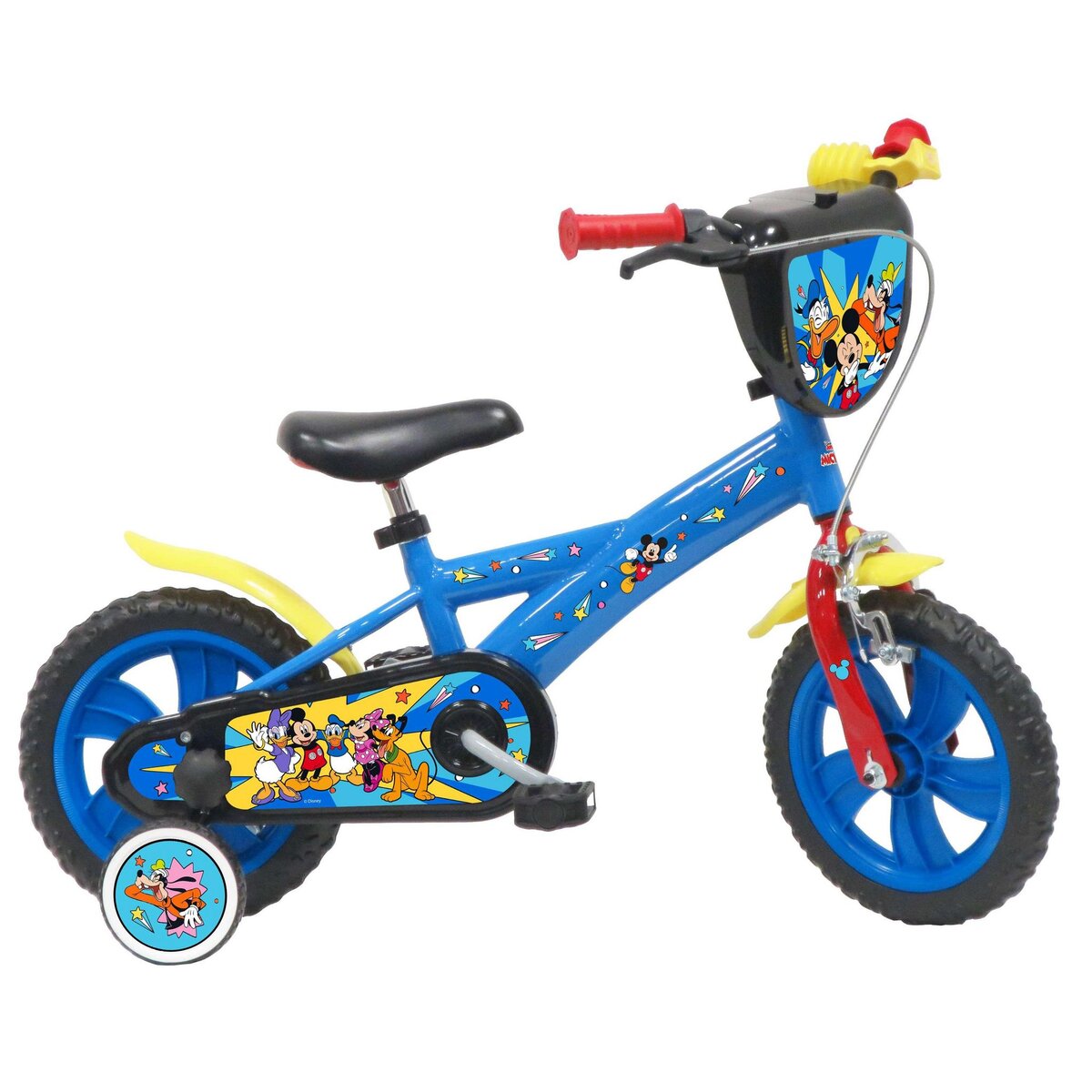 Disney Mickey Vélo enfant 12'' - Modèle  Mickey  pour enfant de 85 à 100 cm - Livré avec stabilisateurs - Plaque décorative avant - 1 frein et roues à bâtons