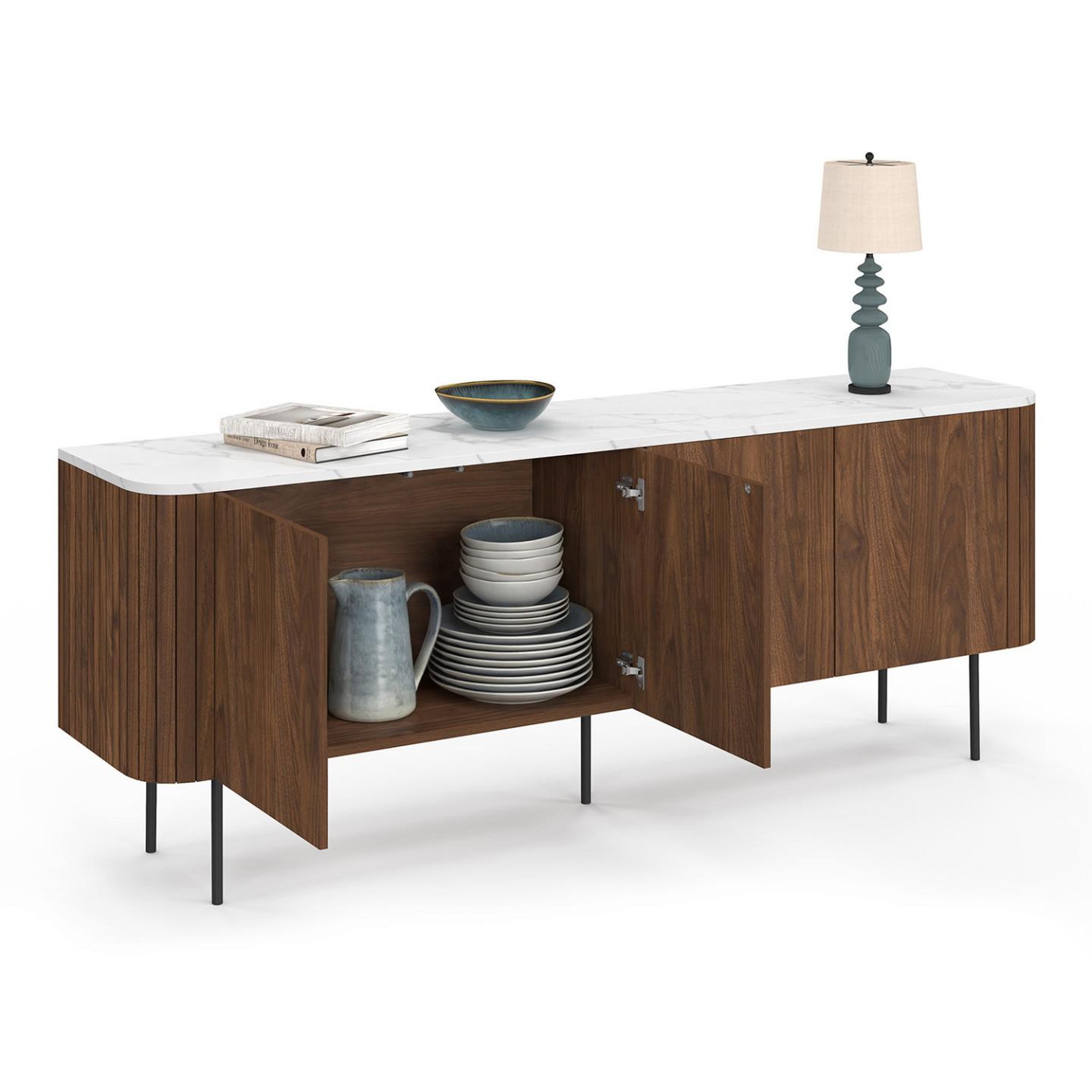 Voir la diapositive 4 : ID MARKET Buffet bas 160 cm marla 4 portes effet noyer et lattes et plateau marbre blanc alaska