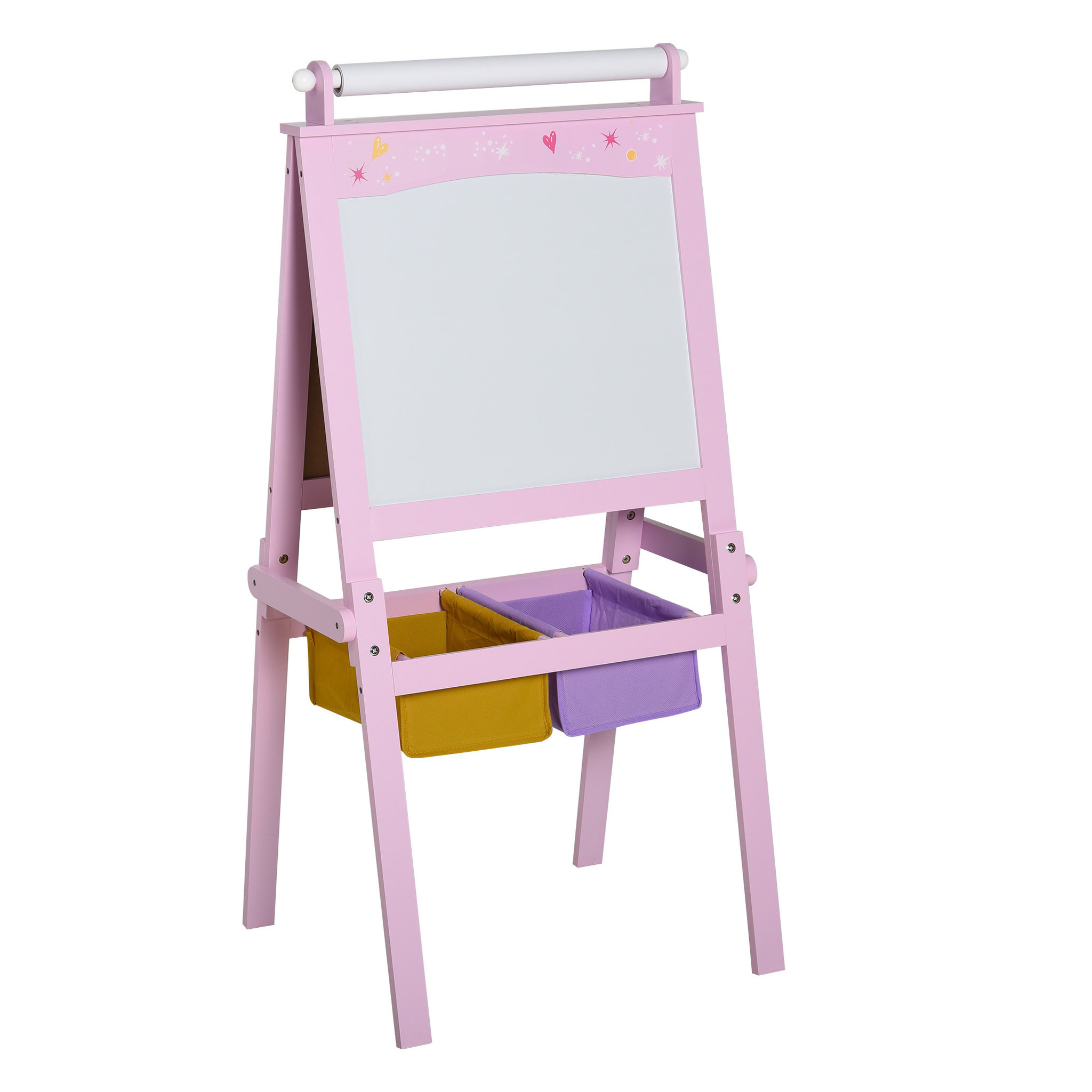 Voir la diapositive 1 : HOMCOM Tableau enfant - chevalet enfant - ardoise double face - tableau blanc tableau à craie - rouleau papier + paniers rangement intégrés - MDF rose