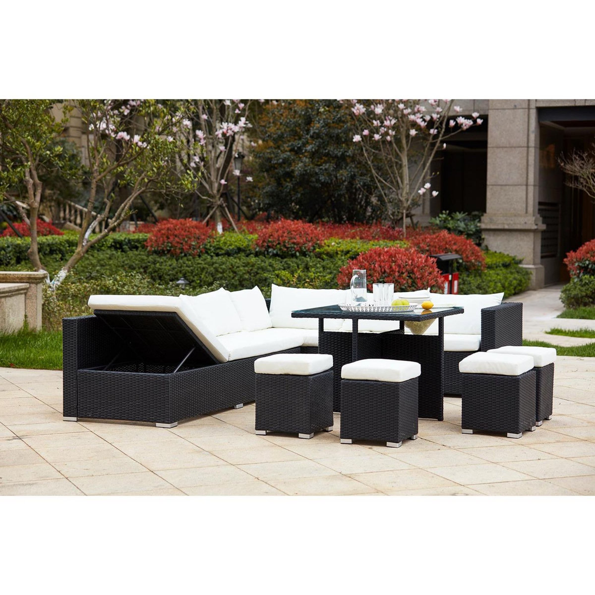 CONCEPT USINE Salon de jardin encastrable 10 places en résine noir-blanc FIDJI