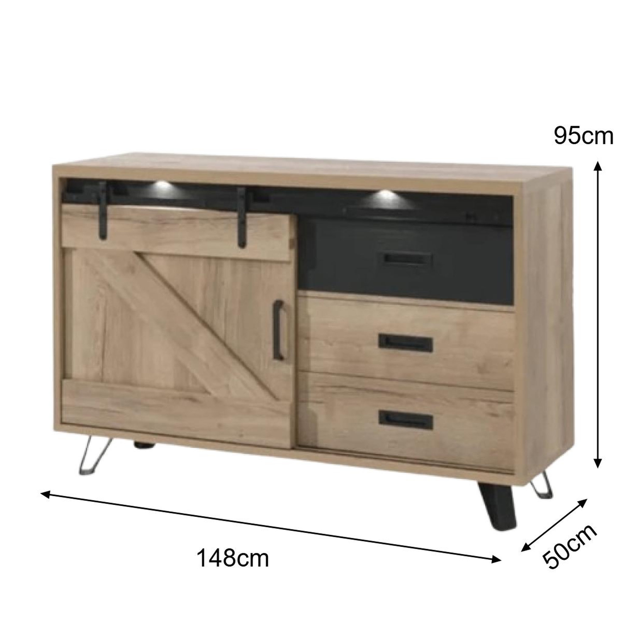 Voir la diapositive 5 : JLC KREATION Buffet industriel décor chêne clair 2 portes avec LED COSTA