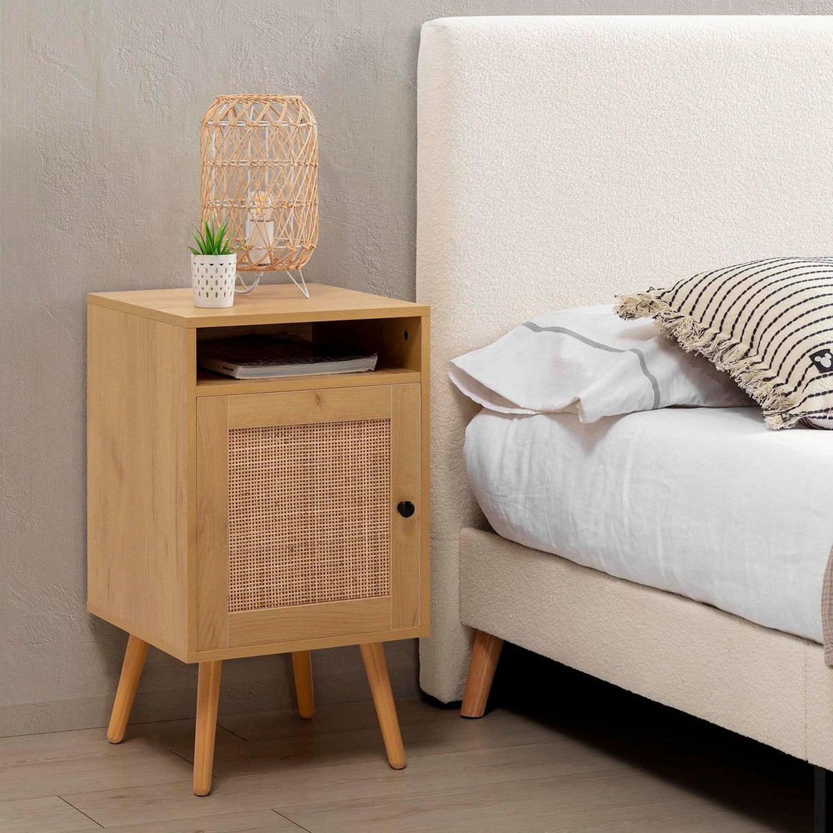 VS VENTA-STOCK Table de Chevet Bella 1 Porte Couleur Chêne, Rotin Naturel