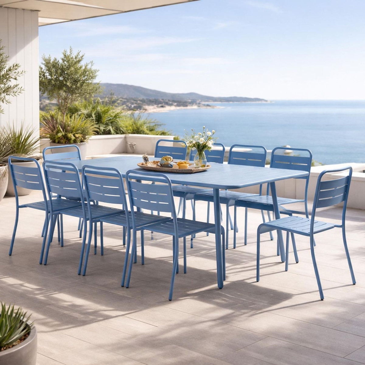 CONCEPT USINE Ensemble table de jardin 234 cm et 10 chaises bleu BERGAME