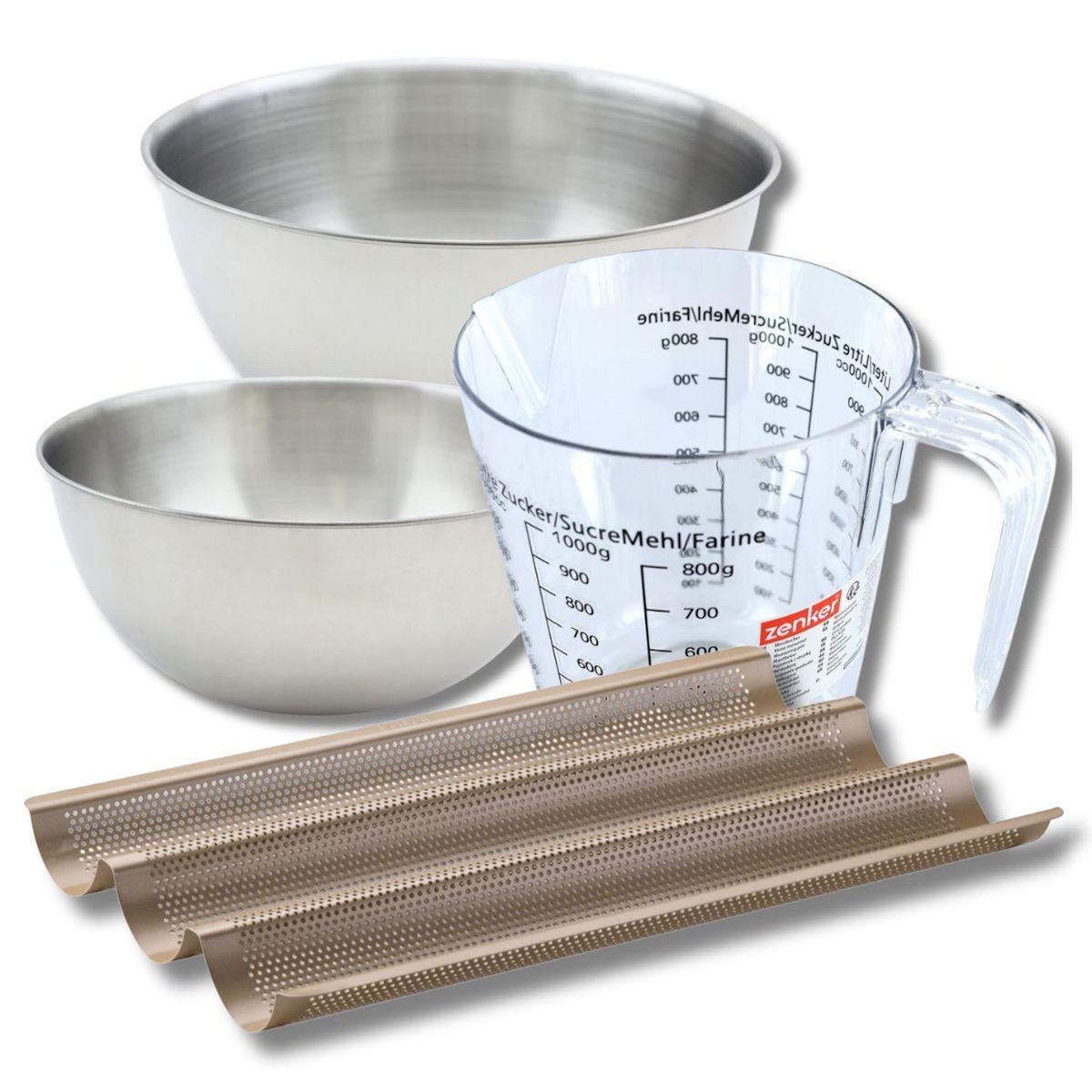 ZENKER Set pâtisserie avec moule perforé 3 baguettes 38,5 x 24,6 cm en acier, 2 bols à mixer, verre mesureur et spatule Zenker