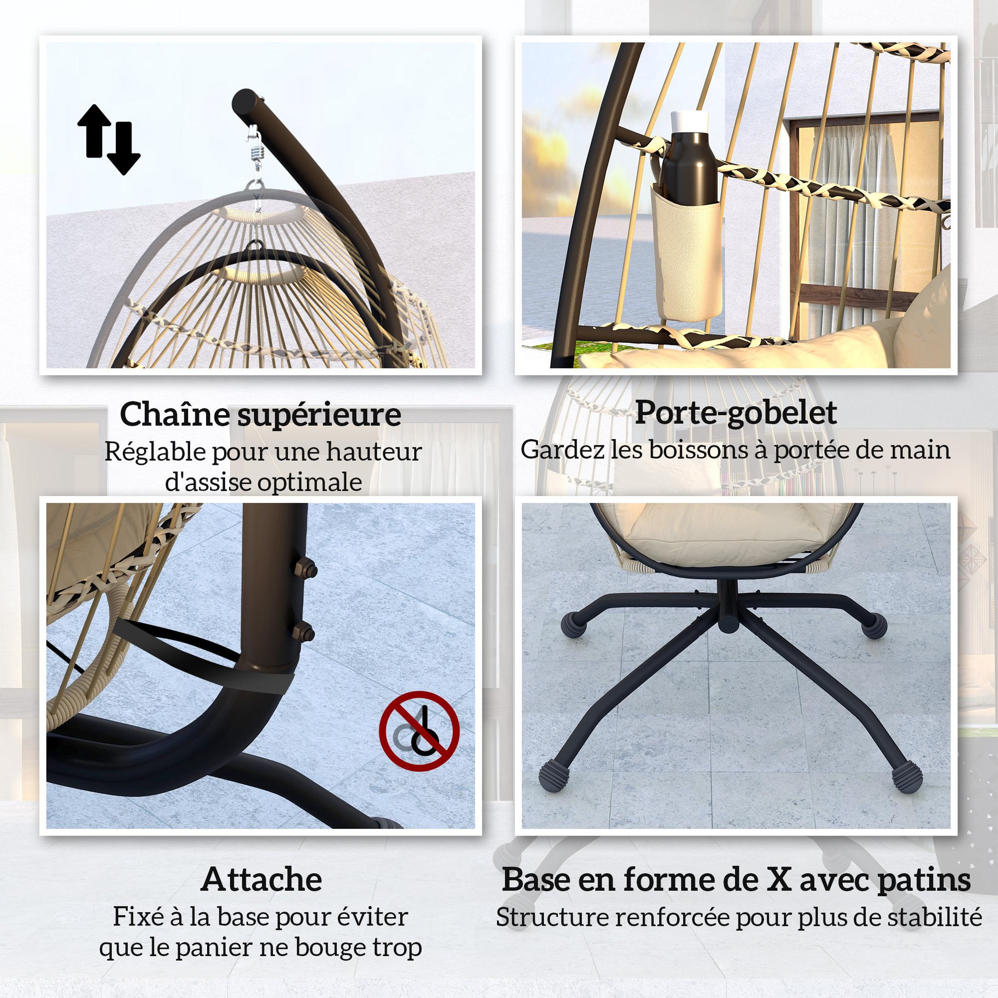 Voir la diapositive 5 : OUTSUNNY Fauteuil suspendu - fauteuil oeuf suspendu - panier pliable - épais coussin - porte-gobelet - acier noir résine tissu kaki