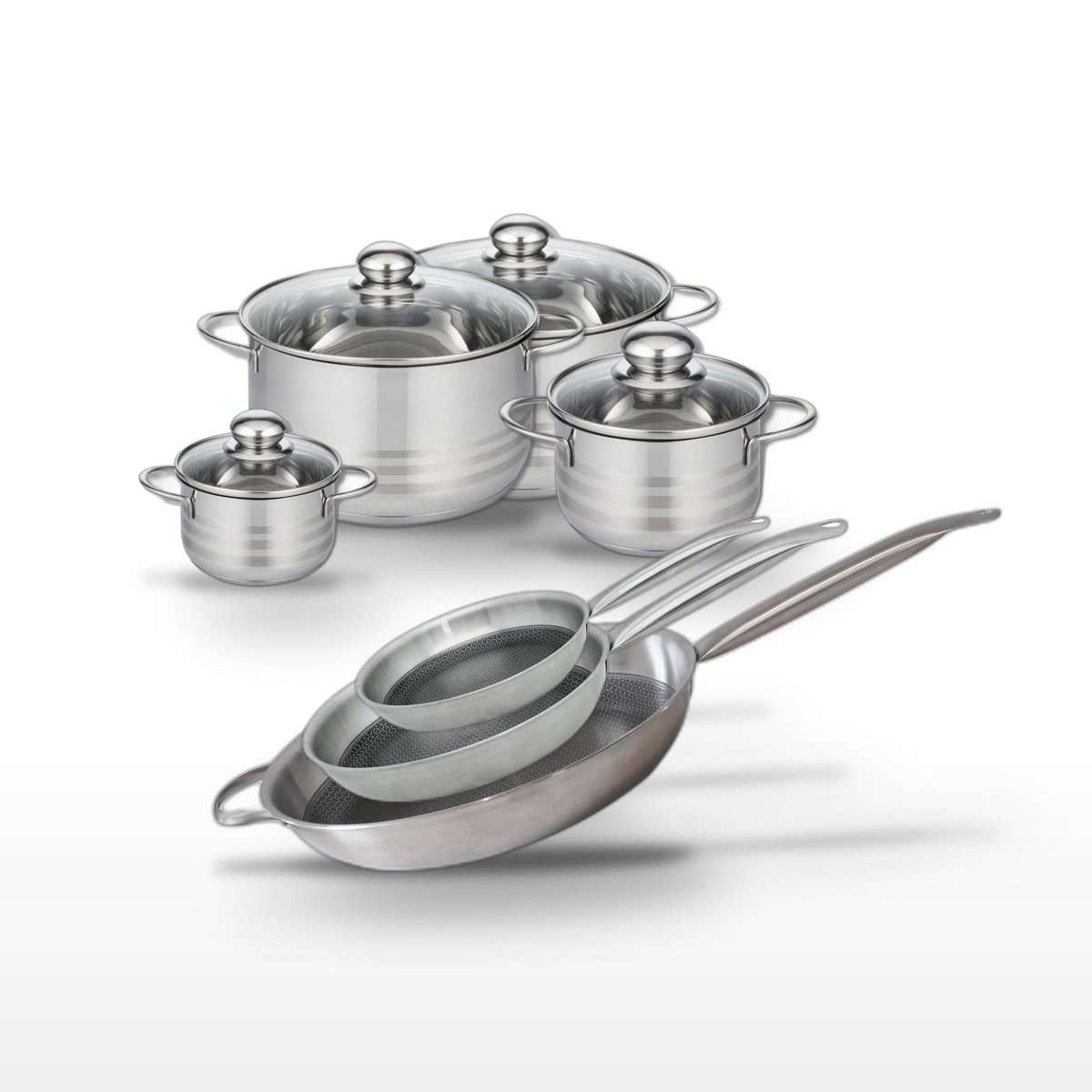 ELO Lot de 3 Poêles 24/28/32cm et 4 Faitouts 12/16/20/24cm Elo Relief Solution