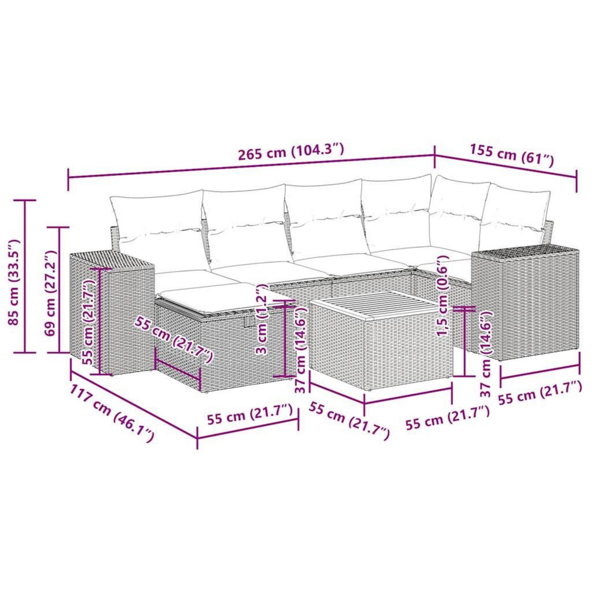 VIDAXL Salon de jardin avec coussins 7 pcs beige resine tressee