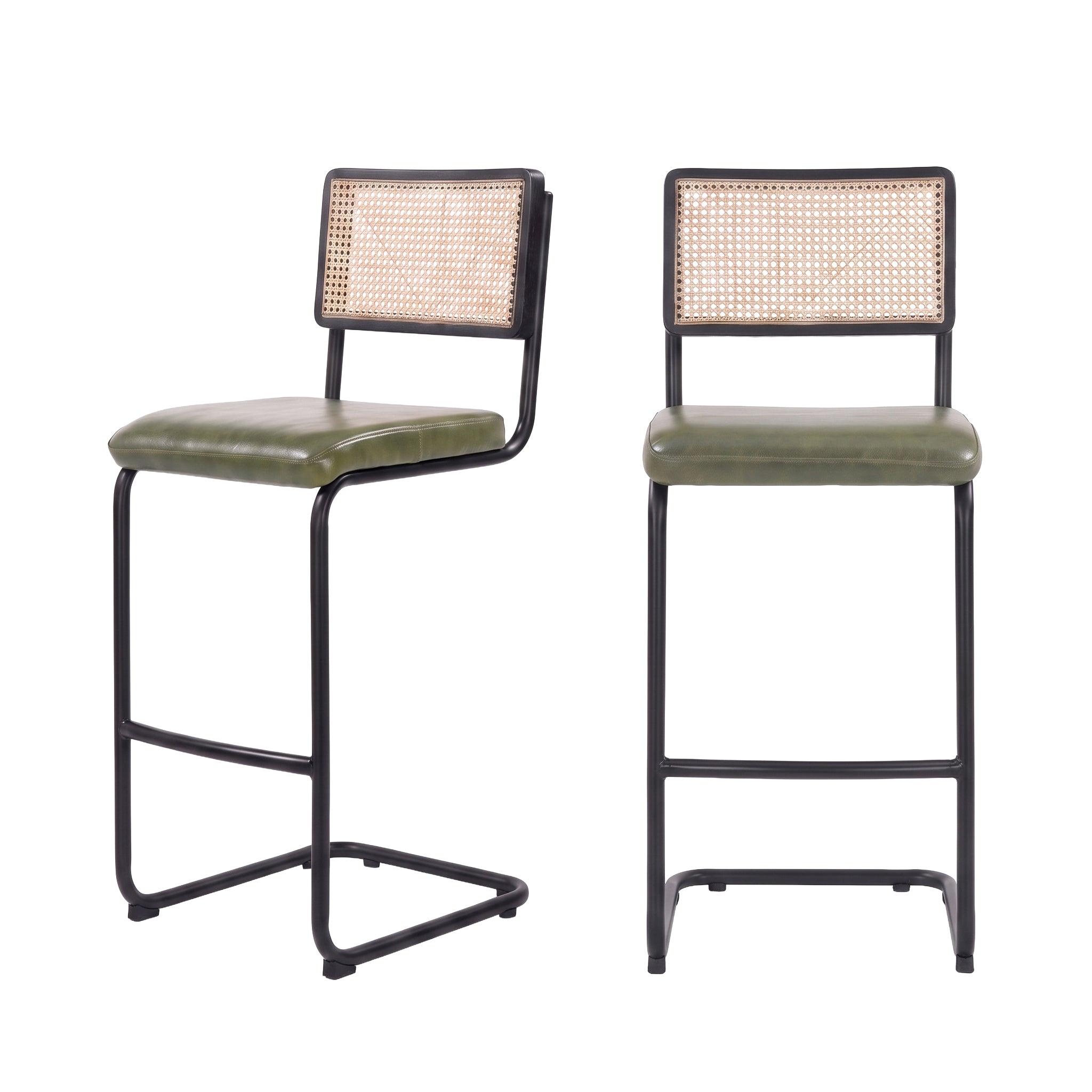 MAISON PAVANE Lot de 2 chaises de bar 76 cm en cannage et cuir vert-léandre