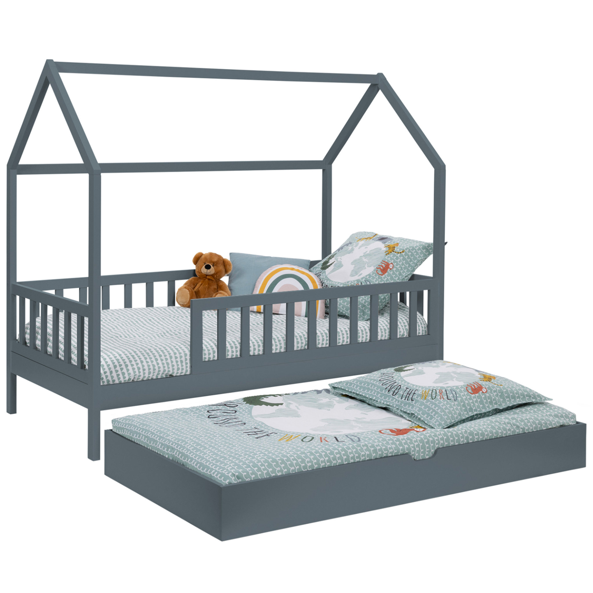 Voir la diapositive 4 : ID MARKET Lit cabane enfant 80 x 160 cm neree gris avec 1 tiroir gigogne et de rangement