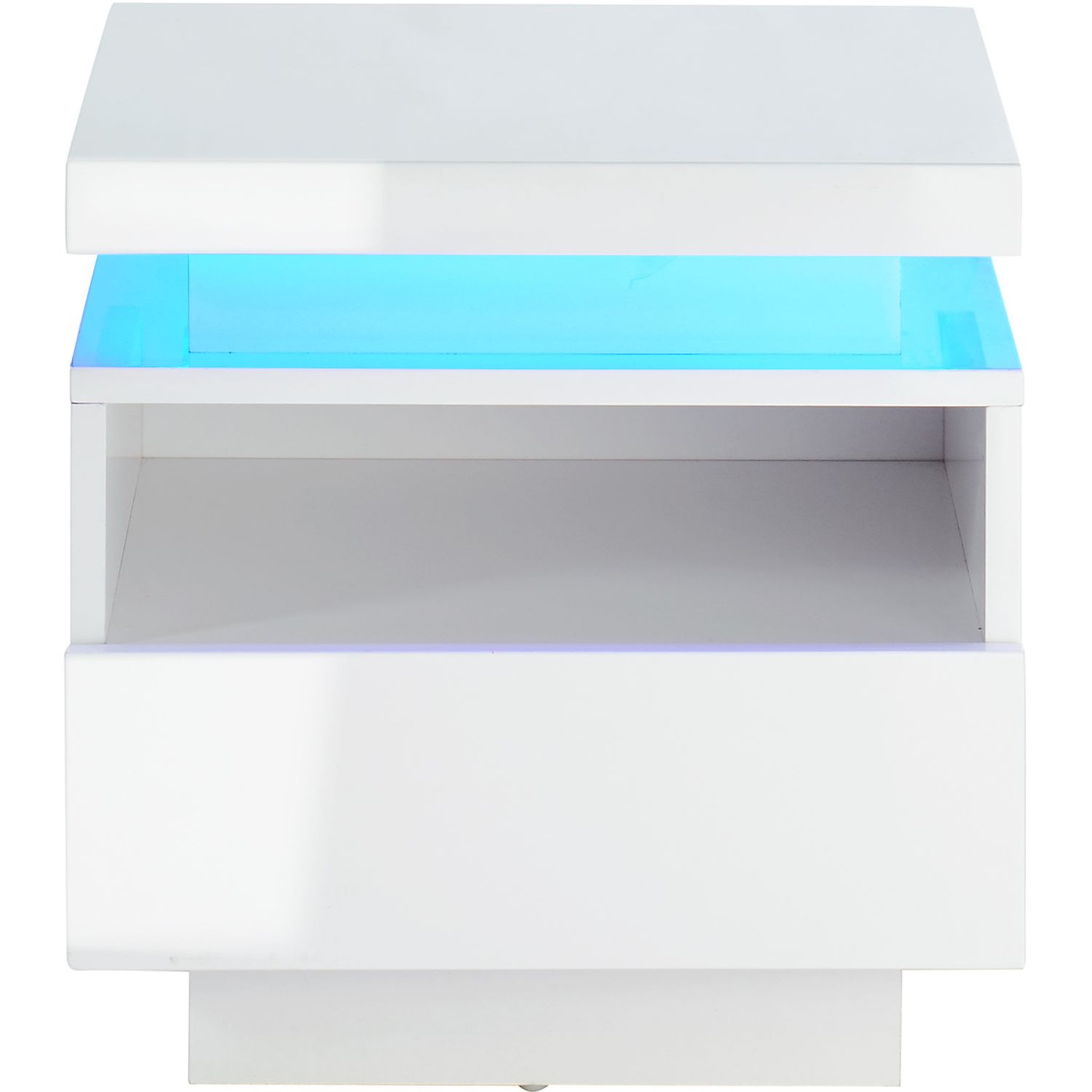 Voir la diapositive 2 : Table de chevet à LED laqué blanc brillant 1 tiroir et 1 niche 40cm ODYSSEE