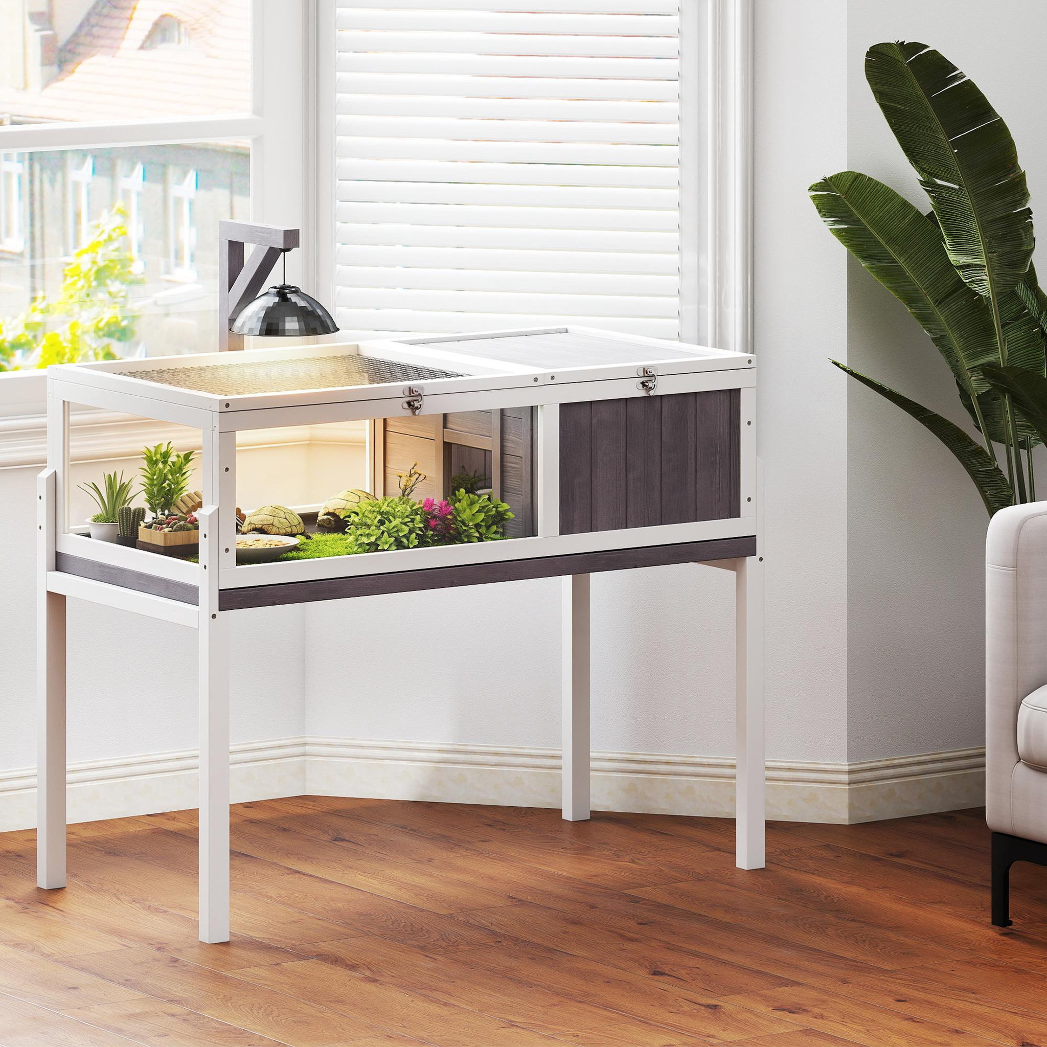 Voir la diapositive 2 : PAWHUT Terrarium maison tortue sur pied - niche, plateau déjection, support lampe - bois blanc gris