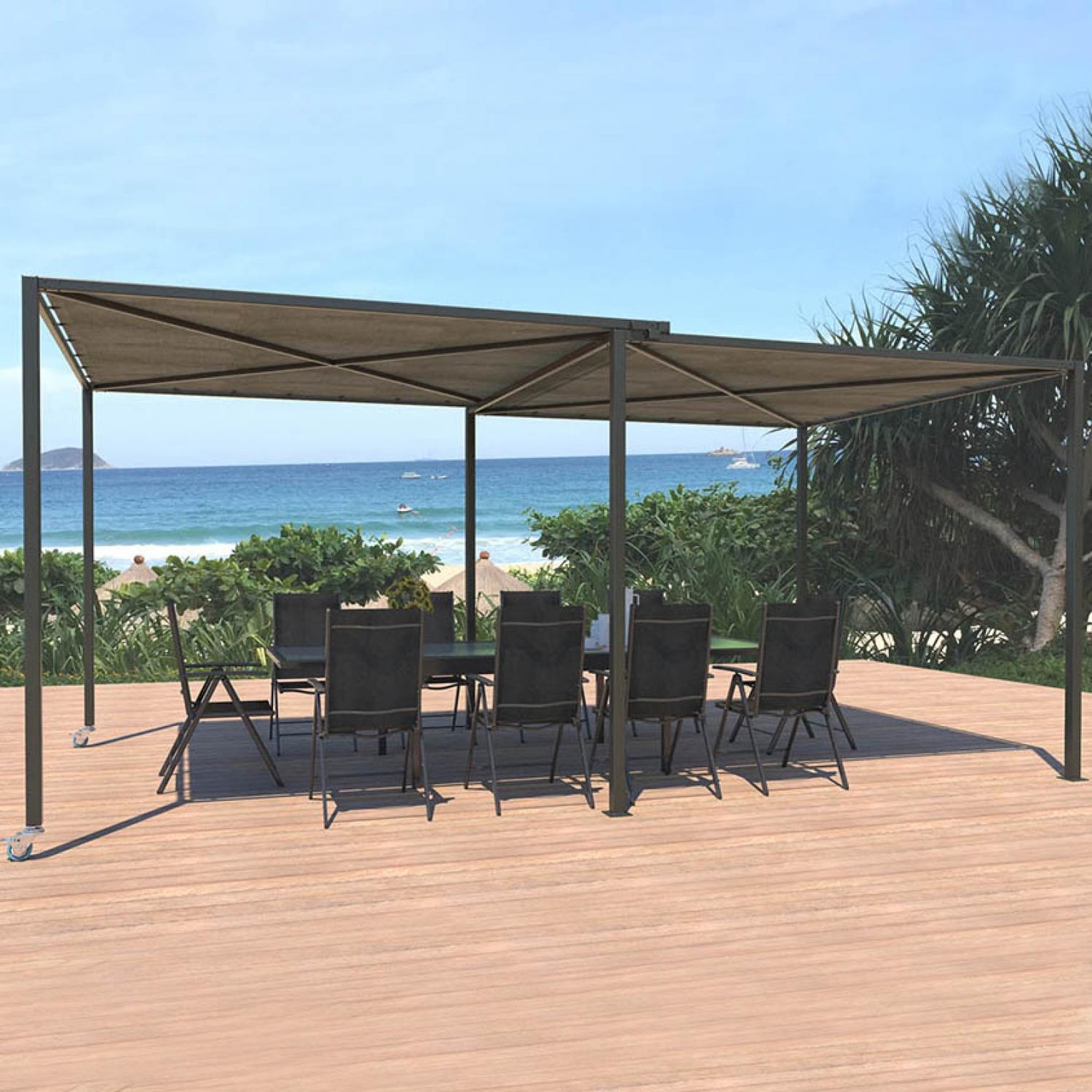 Voir la diapositive 2 : CONCEPT USINE Pergola coulissante avec roues 55 x 25 m gris et taupe gibara