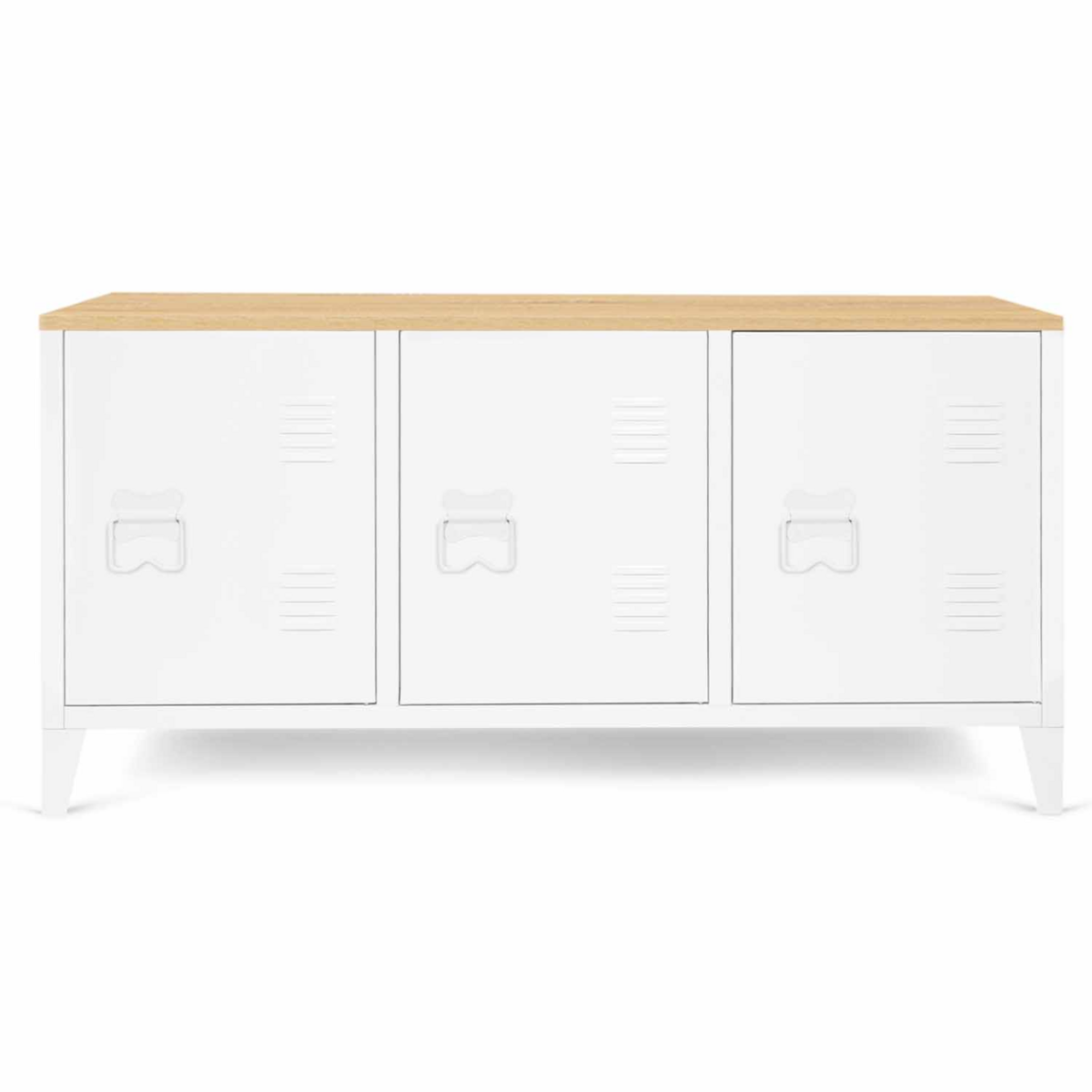 ID MARKET Buffet bas 113 cm ESTER 3 portes métal blanc plateau bois design industriel