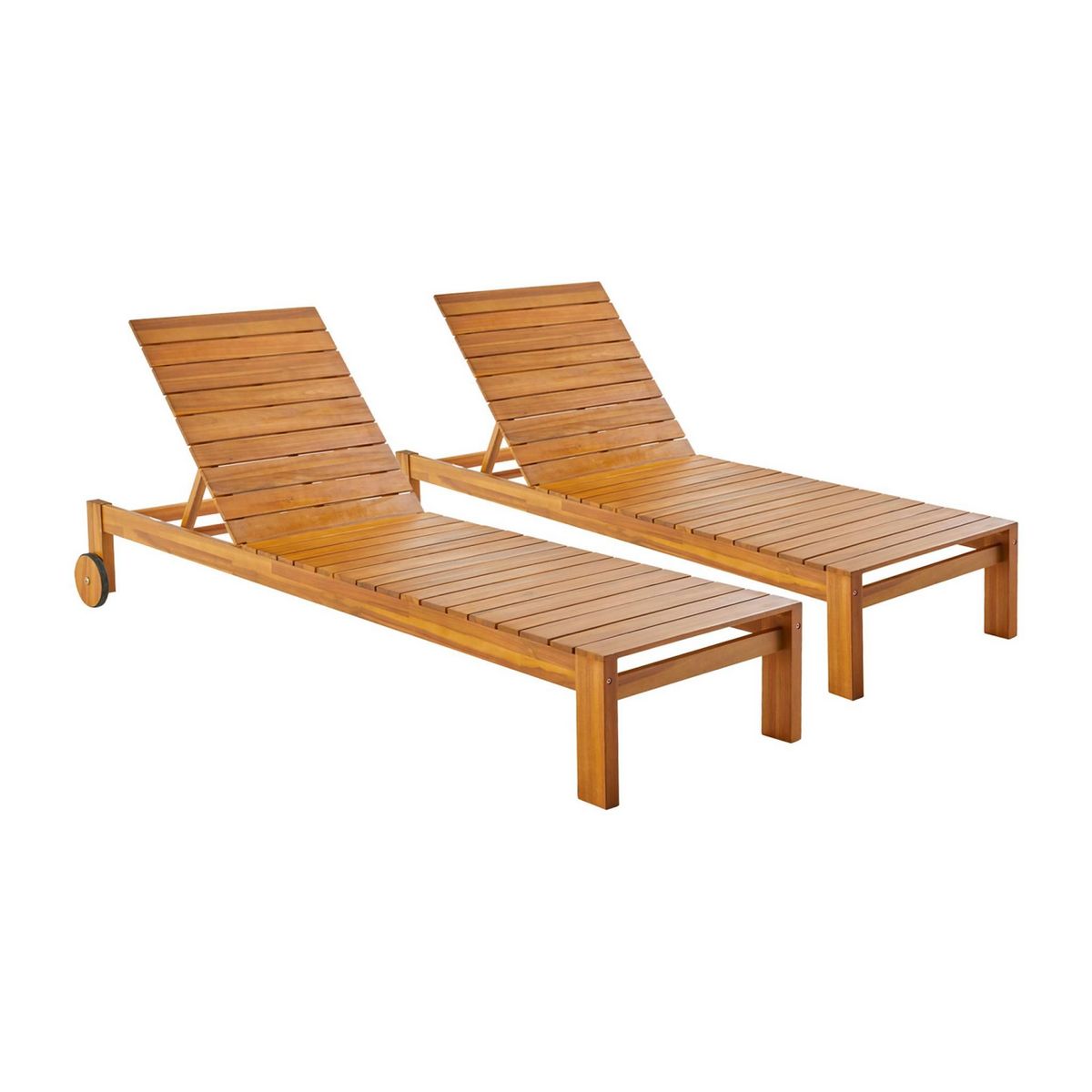 SWEEEK Lot de 2 bains de soleil FAVONA en bois d'acacia avec roulettes. 205 x 67.5 x 32 cm