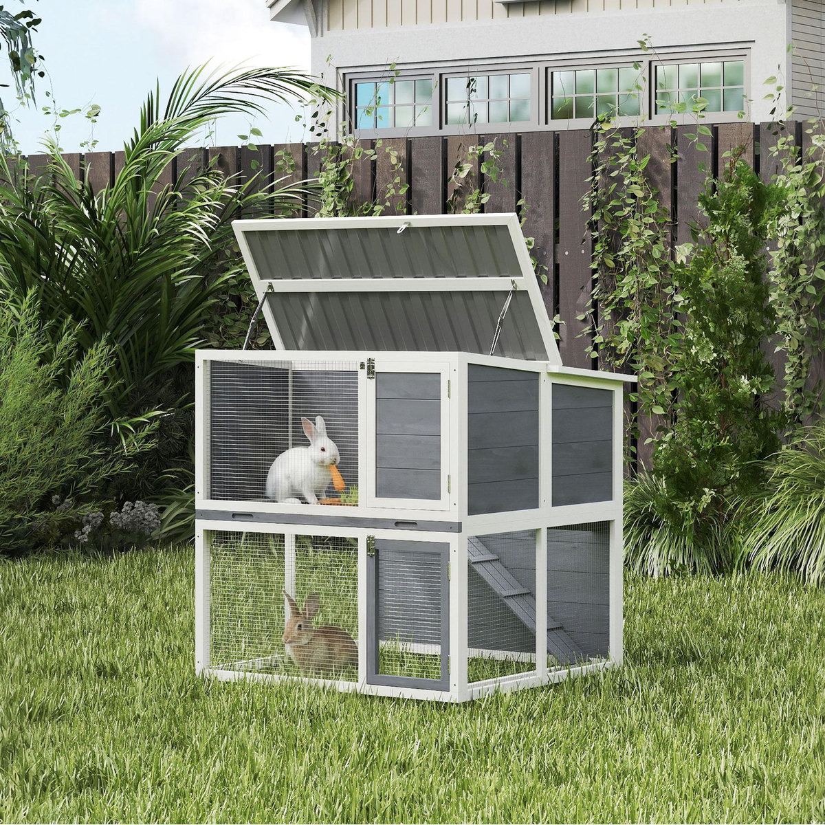 PAWHUT Clapier lapin extérieur 2 étages toit double ouverture bois gris