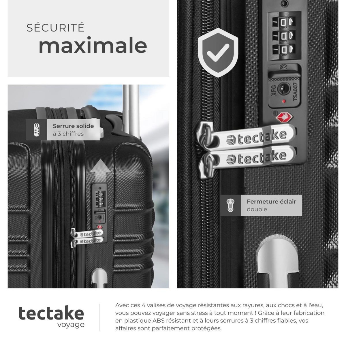 tectake Set de valises trolley rigides 4 parties, en plastique ABS robuste noir