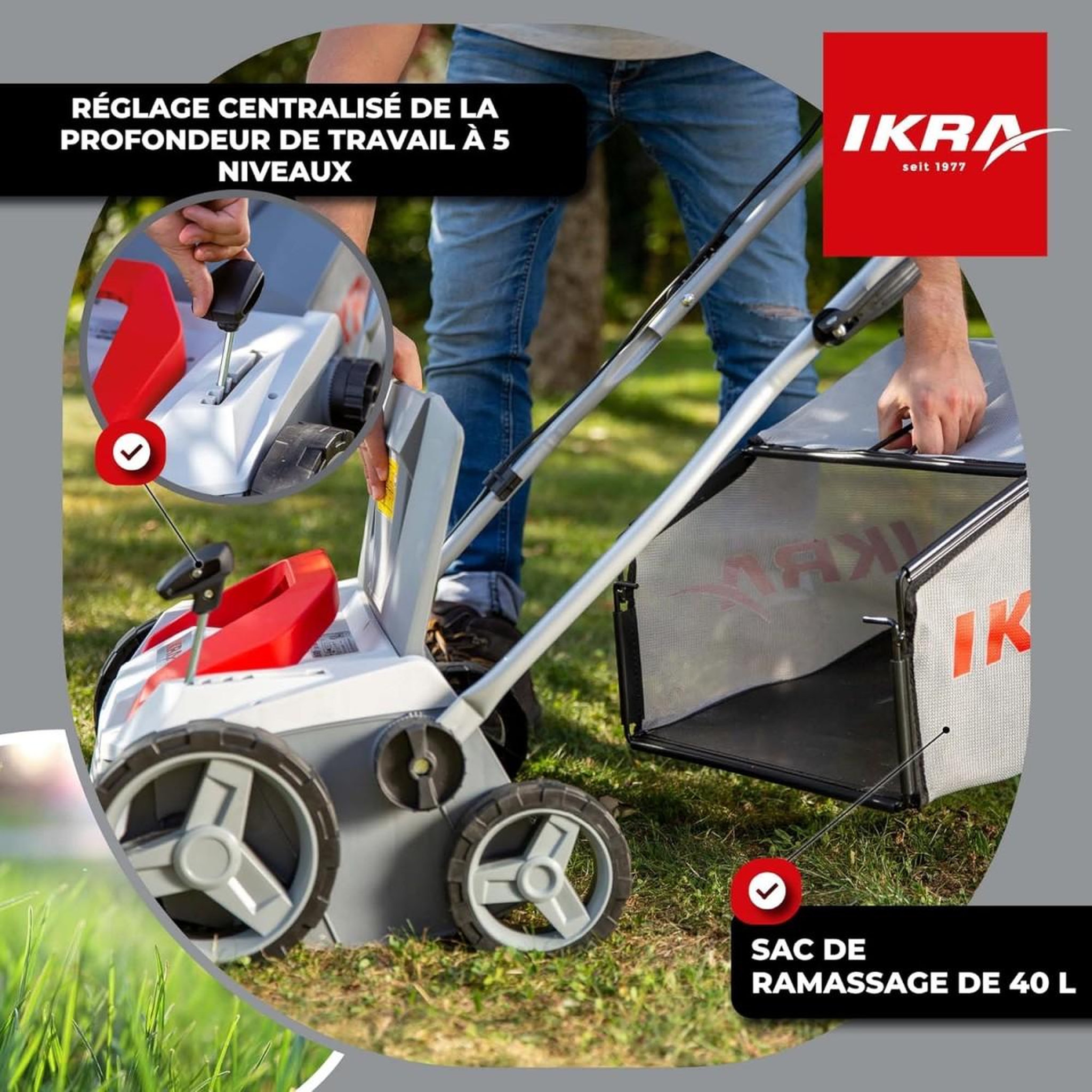 Voir la diapositive 3 : Ikra Scarificateur Démousseur électrique 1800W Profondeur de travail 23cm Bac à herbe 40L Aérateur de pelouse Entretien gazon IKRA