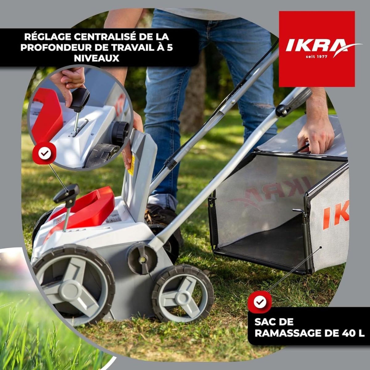 Ikra Scarificateur Démousseur électrique 1800W Profondeur de travail 23cm Bac à herbe 40L Aérateur de pelouse Entretien gazon IKRA