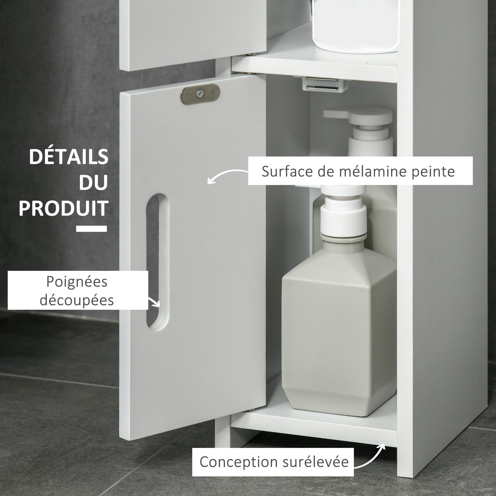 Voir la diapositive 6 : KLEANKIN Meuble bas colonne rangement salle de bain WC 3 portes 2 niches étagère blanc