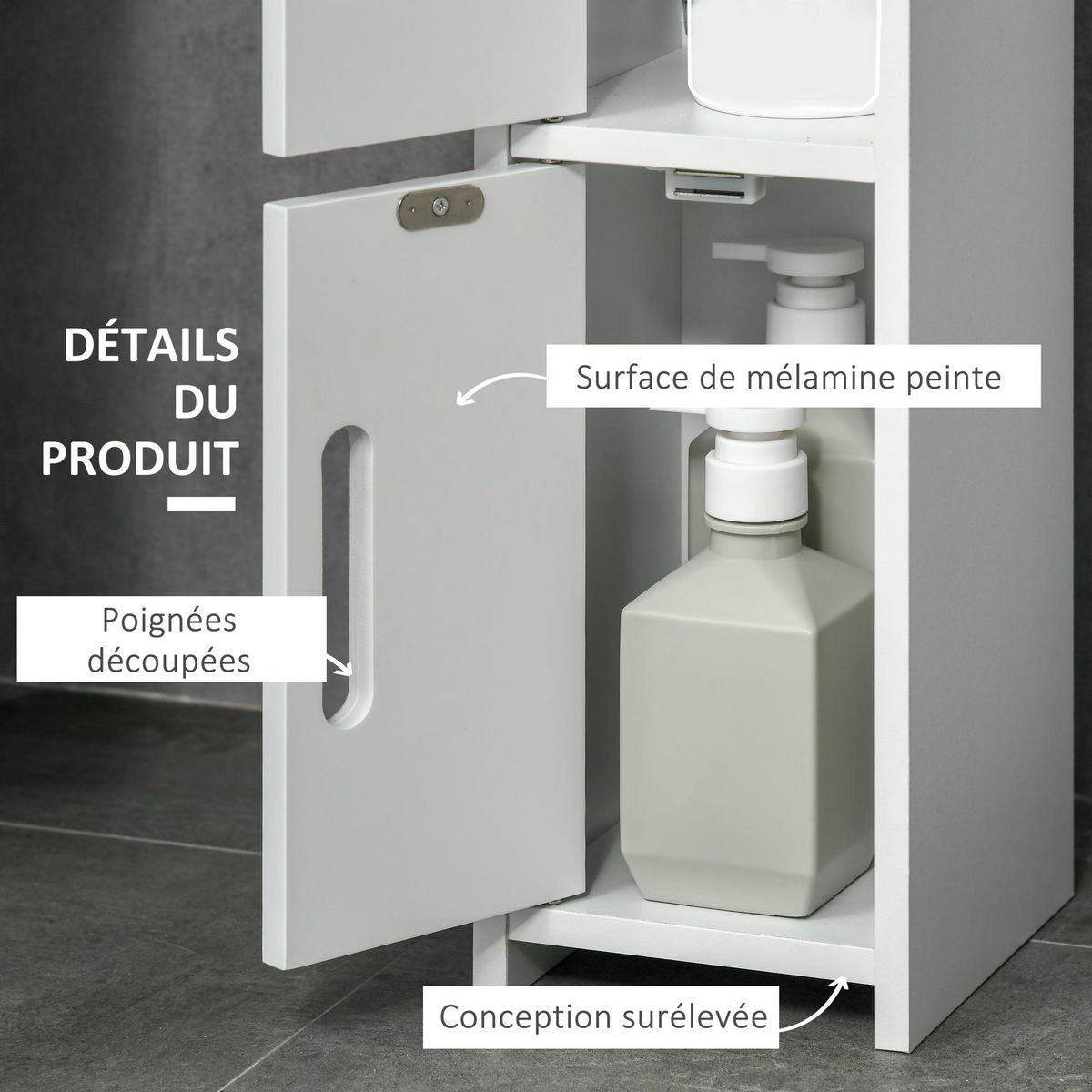 KLEANKIN Meuble bas colonne rangement salle de bain WC 3 portes 2 niches étagère blanc