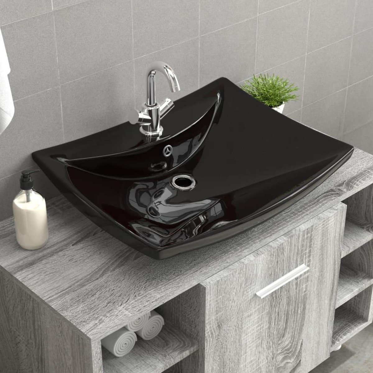 VIDAXL Lavabo rectangulaire en ceramique noir de luxe avec trop-plein et trou