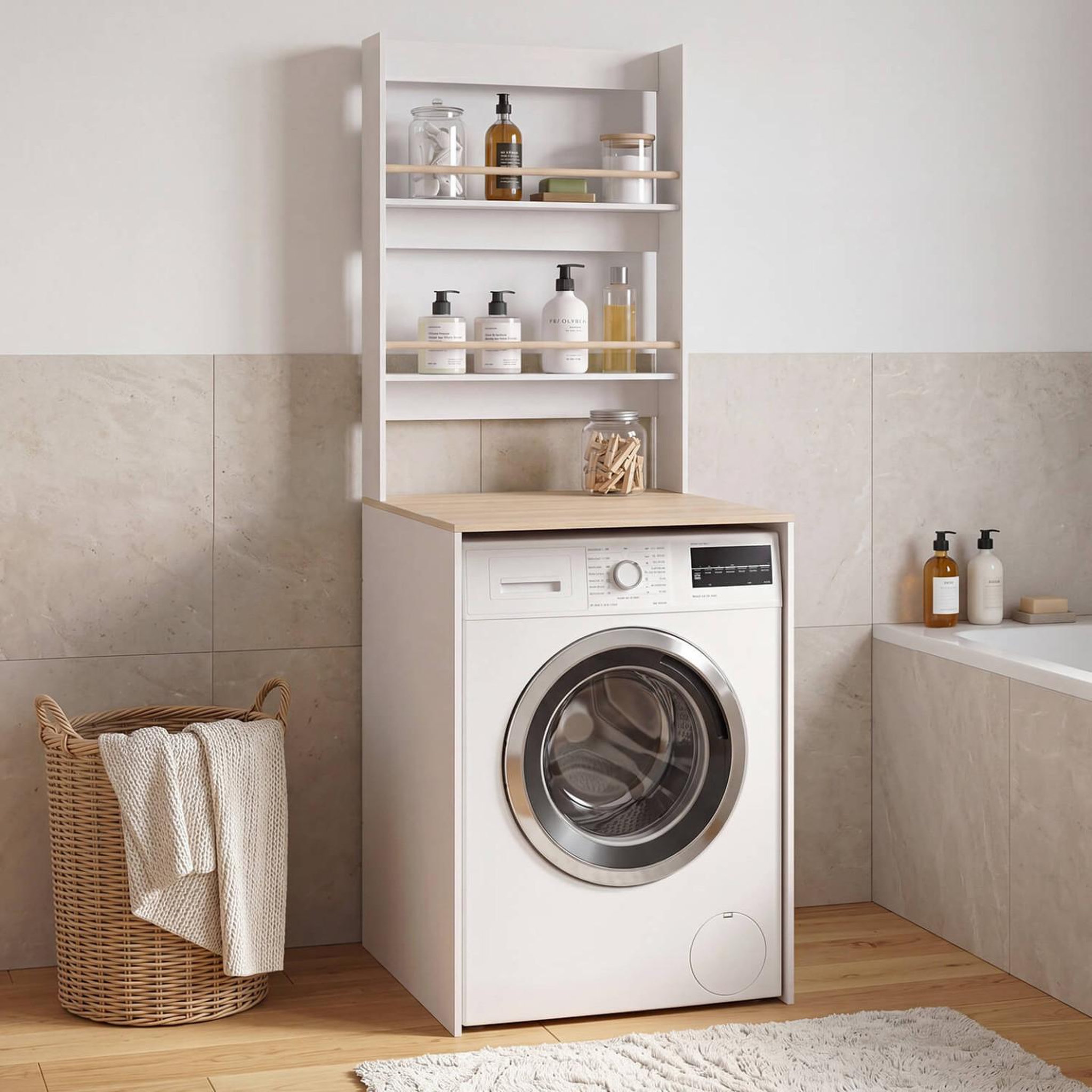 Voir la diapositive 3 : ID MARKET Table à langer évolutive AMBRE dessus machine à laver façon hêtre et blanc 2 étagères et plan à langer amovible