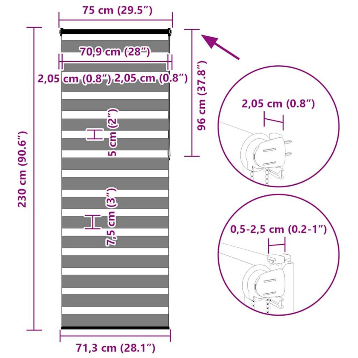 VIDAXL Store zebre gris fonce largeur du tissu 70,9 cm polyester