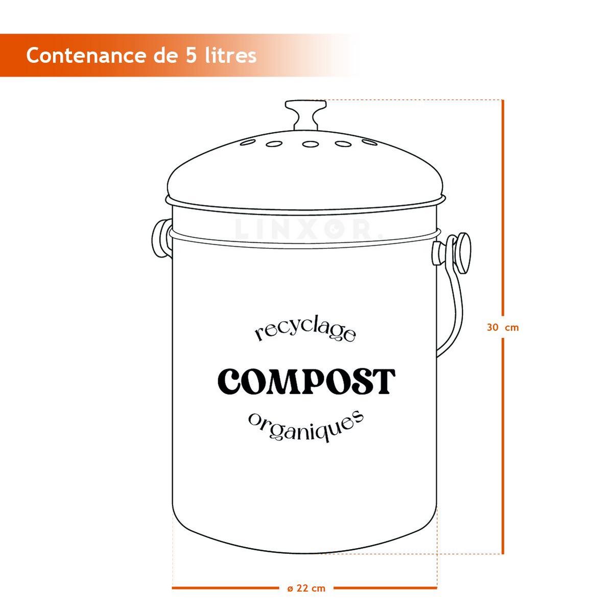 LINXOR Composteur, bac, poubelle à compost de cuisine 5L rond en Inox - Beige