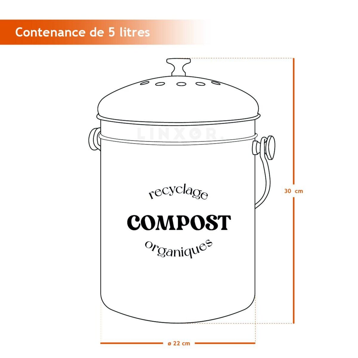 LINXOR Composteur, bac, poubelle à compost de cuisine 5L rond en Inox - Beige