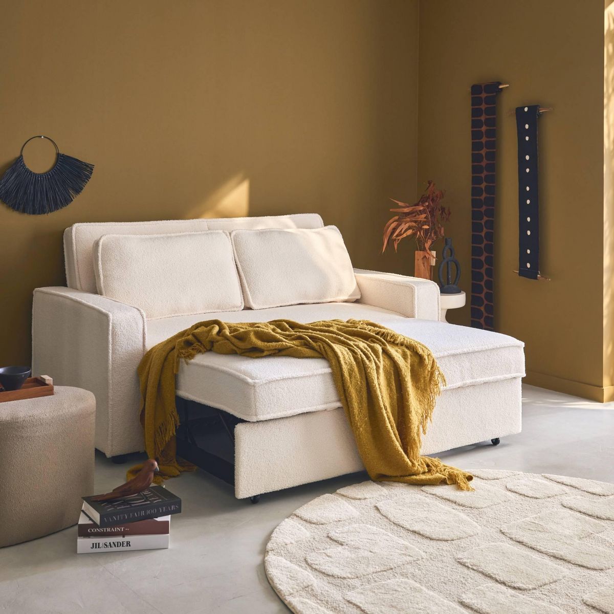 SWEEEK Canapé convertible 3 places bouclette blanc crème