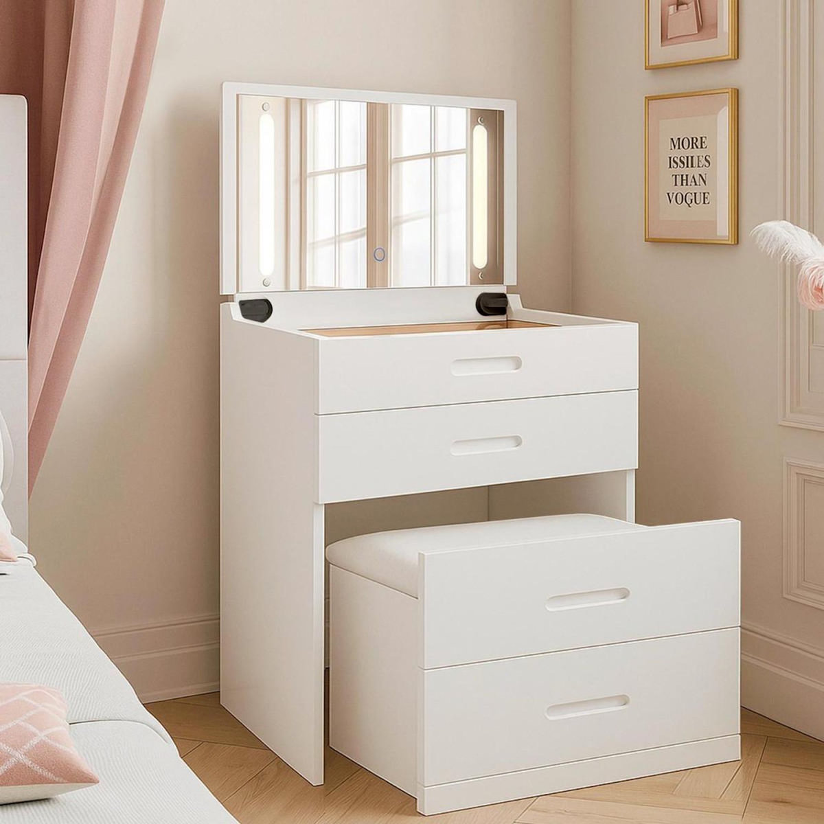 Paris Prix Coiffeuse Compacte Avec Miroir LED  Clarissa XL  80cm Blanc