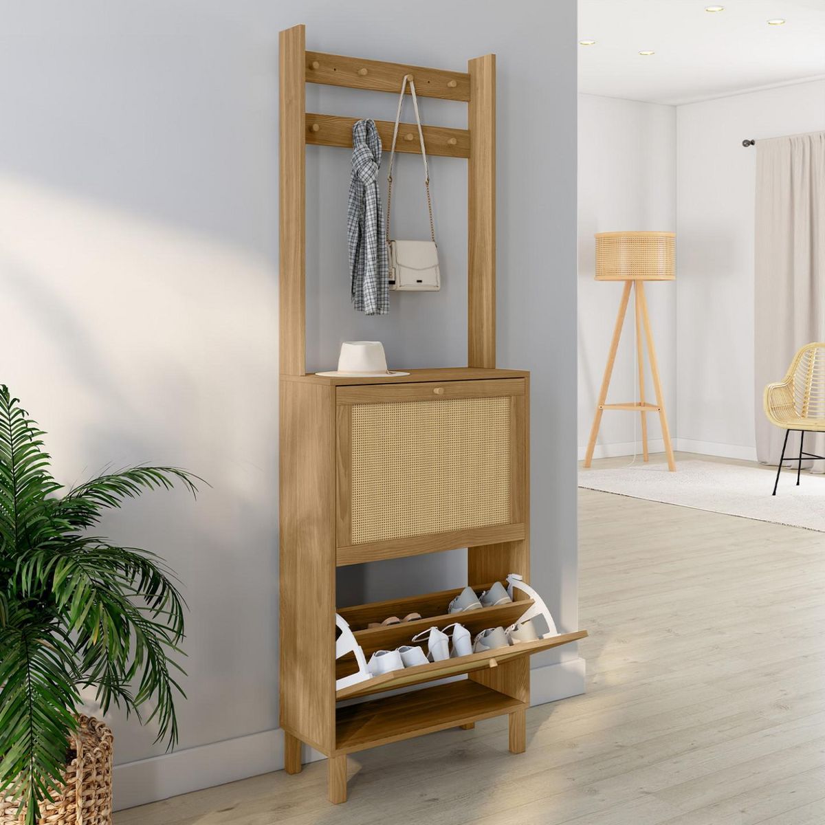 ID MARKET Vestiaire d'entrée HANAE meuble chaussures 2 portes effet naturel cannage