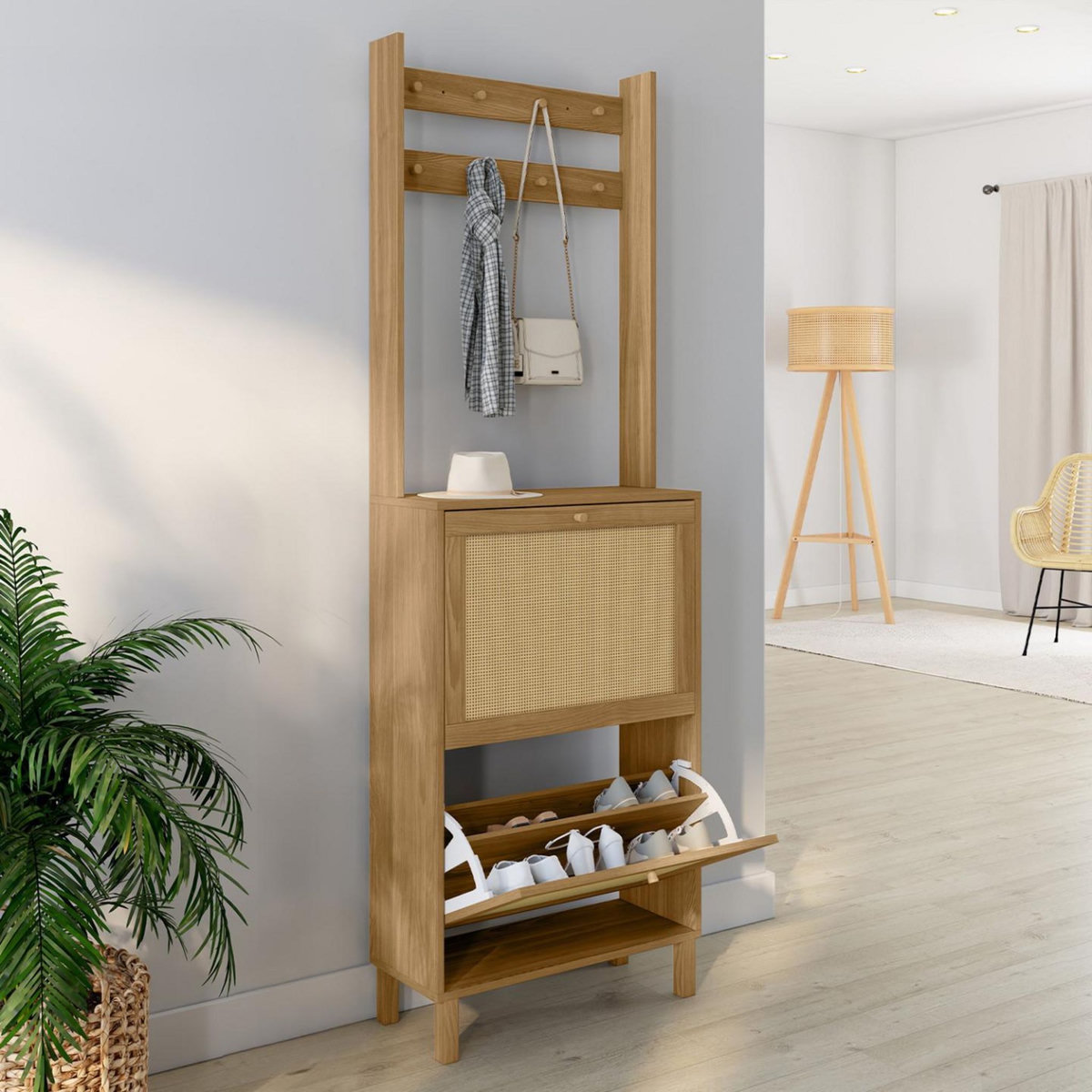 ID MARKET Vestiaire d'entrée HANAE meuble chaussures 2 portes effet naturel cannage