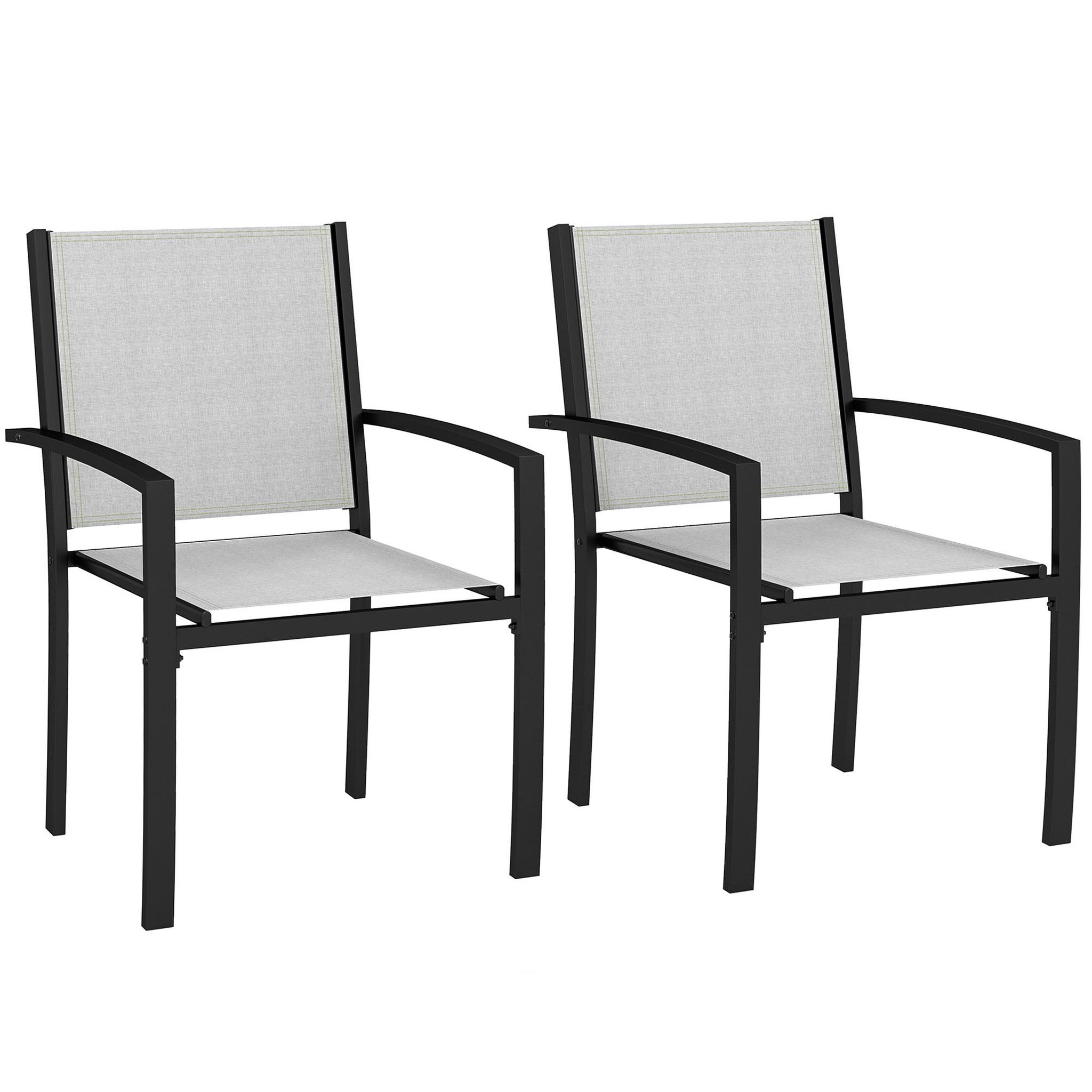 OUTSUNNY Lot de 2 chaises de jardin empilables avec accoudoirs acier noir textilène gris clair