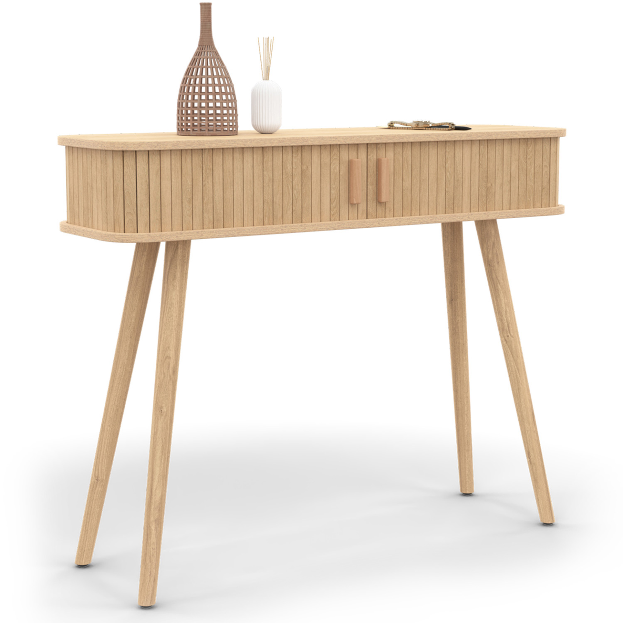 ID MARKET Console 2 portes coulissantes romie lattes tasseau bois coloris chêne
