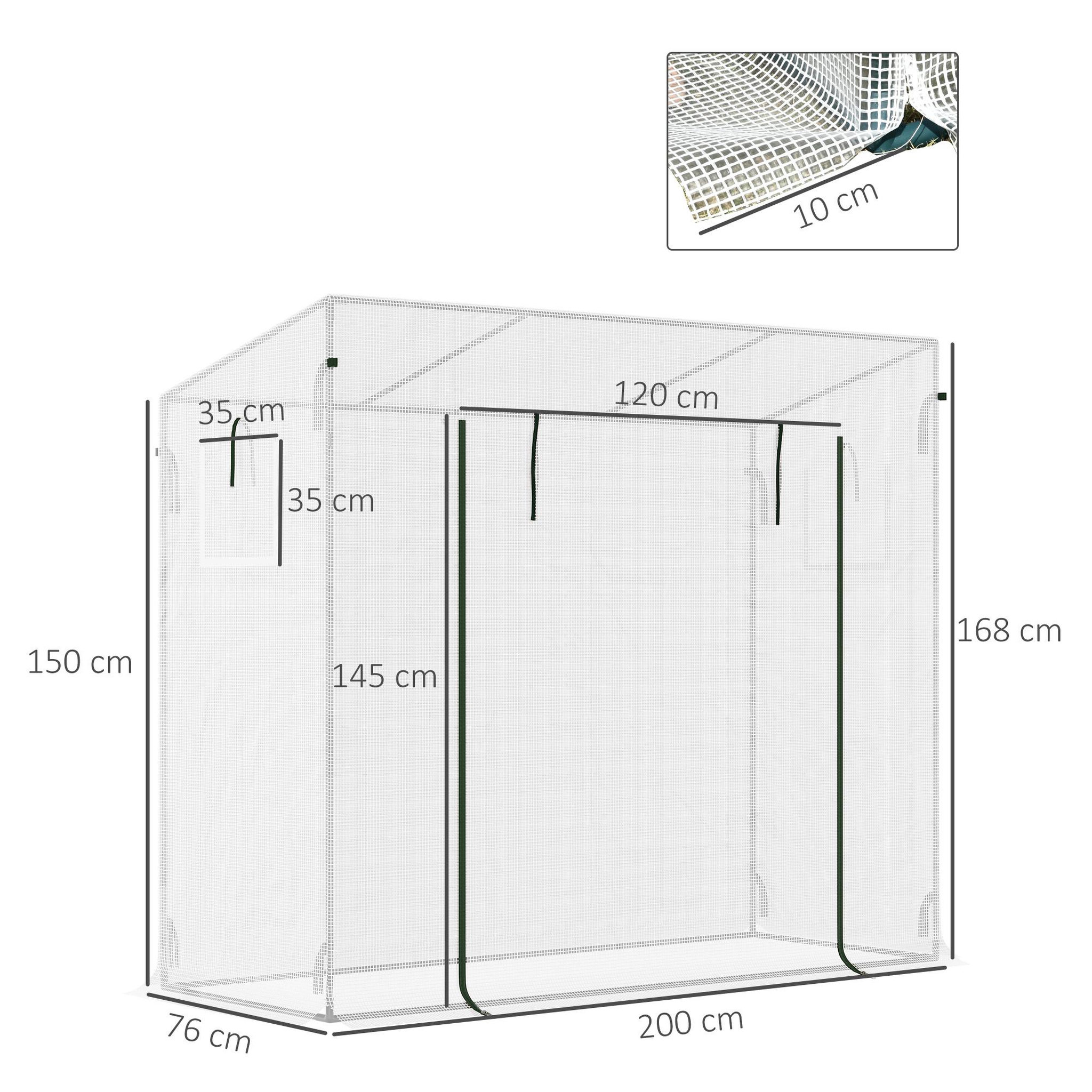 Voir la diapositive 3 : OUTSUNNY Serre de jardin 2 fenêtres moustiquaires porte enroulable zippée dim. 200 x 76 x 168 cm acier pe blanc