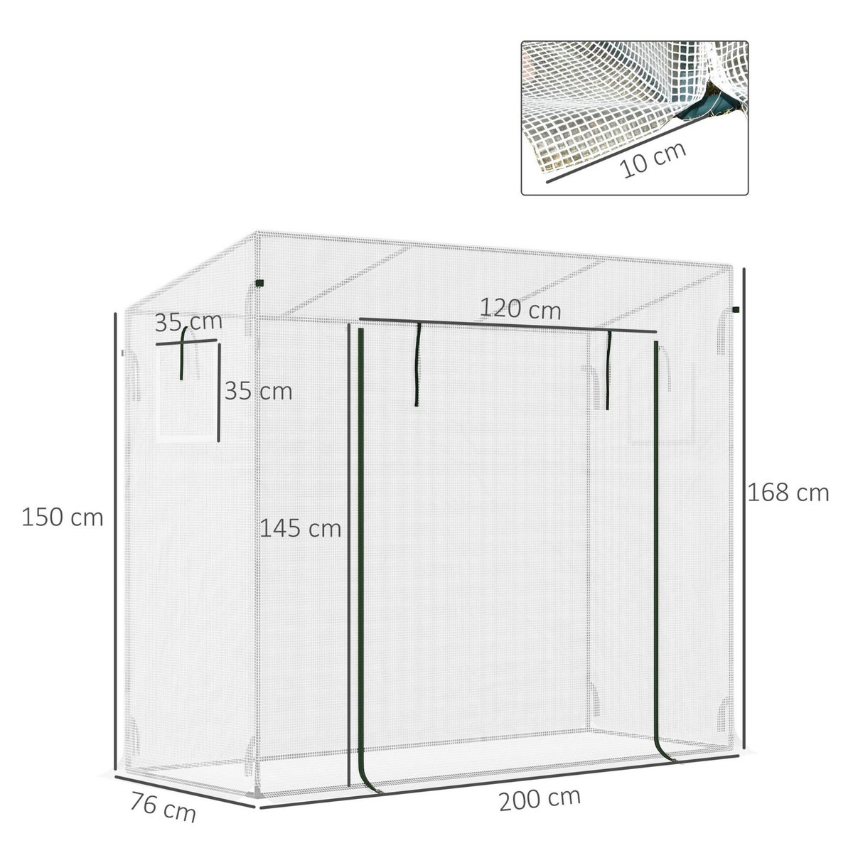OUTSUNNY Serre de jardin 2 fenêtres moustiquaires porte enroulable zippée dim. 200 x 76 x 168 cm acier PE blanc