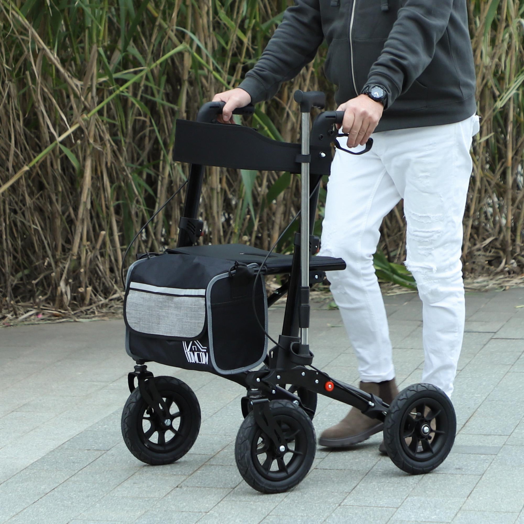 Voir la diapositive 4 : HOMCOM Déambulateur pliable réglable 4 roues siège et sacoche intégrés alu noir