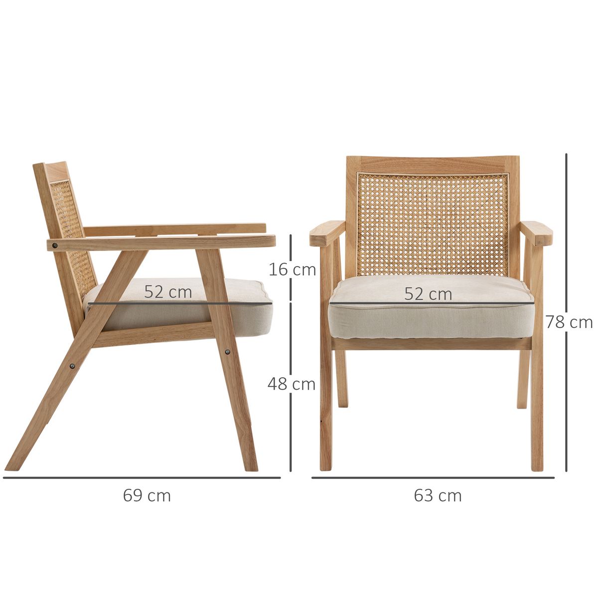 HOMCOM Fauteuil lounge avec coussin - dossier en cannage - assise profonde - accoudoirs - structure bois hévéa - aspect lin beige