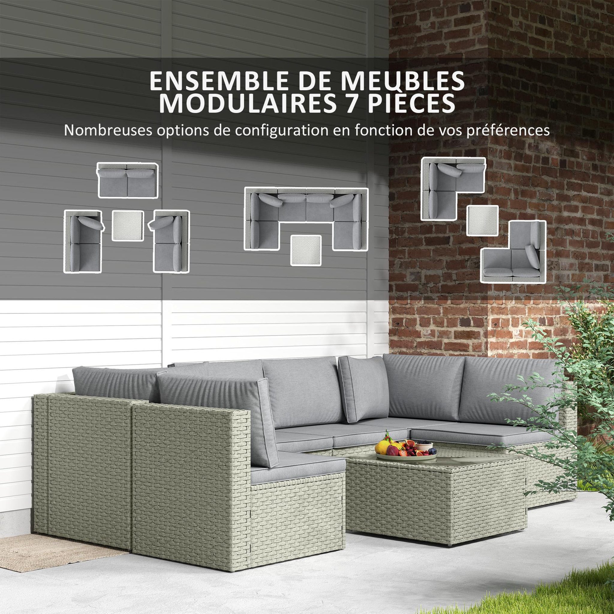 Voir la diapositive 6 : OUTSUNNY Ensemble salon de jardin modulable 6 personnes avec table basse résine tressée effet rotin gris