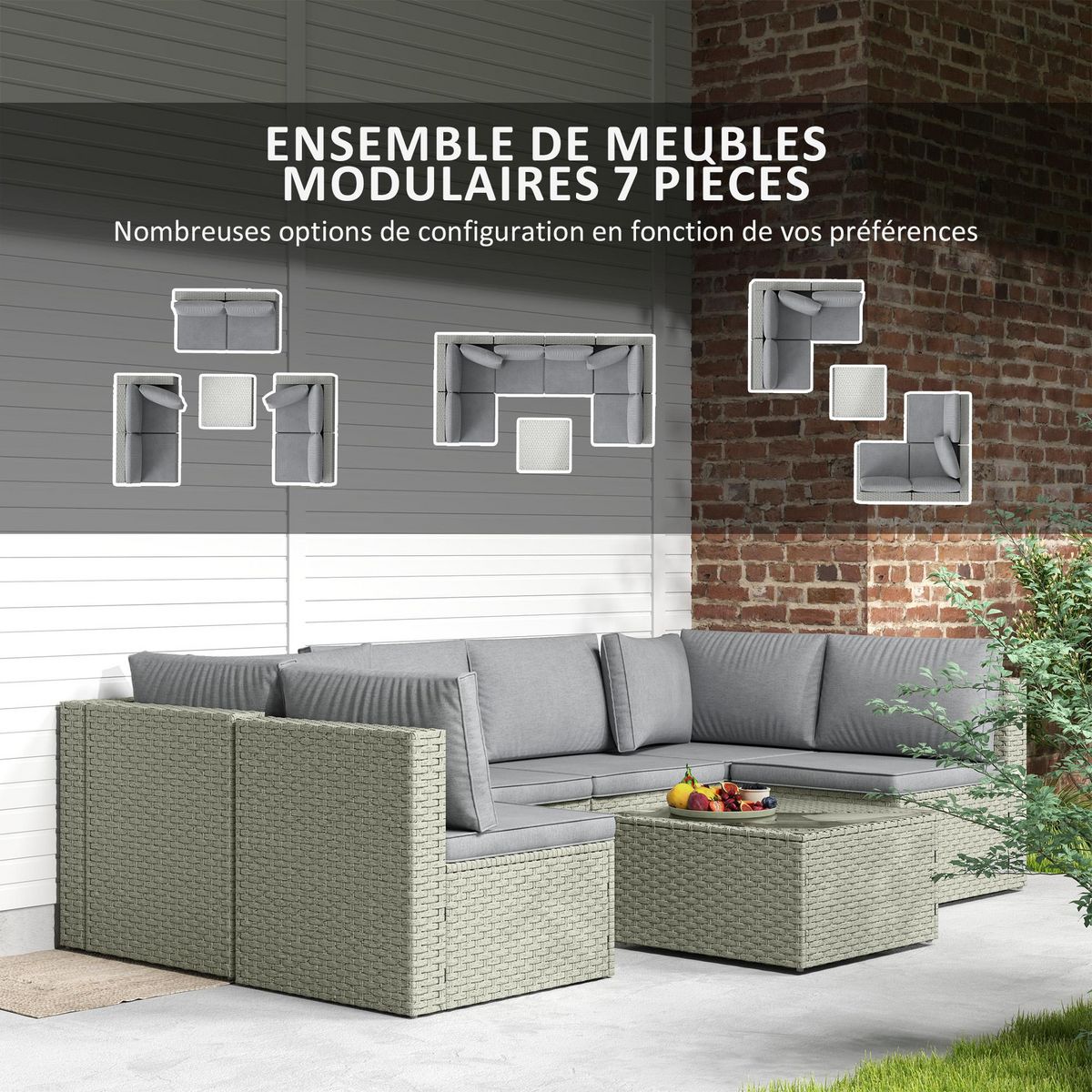 OUTSUNNY Ensemble salon de jardin modulable 6 personnes avec table basse résine tressée effet rotin gris