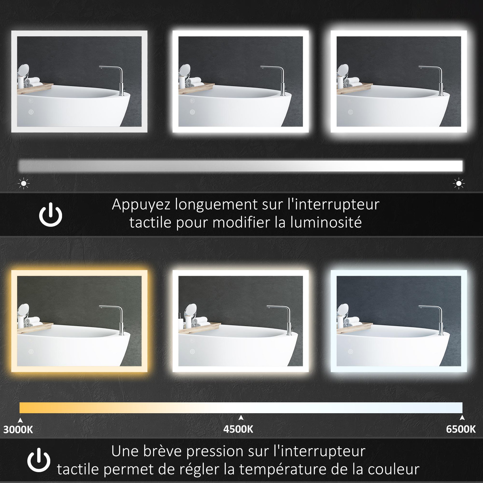 Voir la diapositive 5 : KLEANKIN Miroir mural lumineux led de salle de bain - 80 x 60 cm - avec 3 couleurs, luminosité réglable interrupteur tactile système antibuée transparent