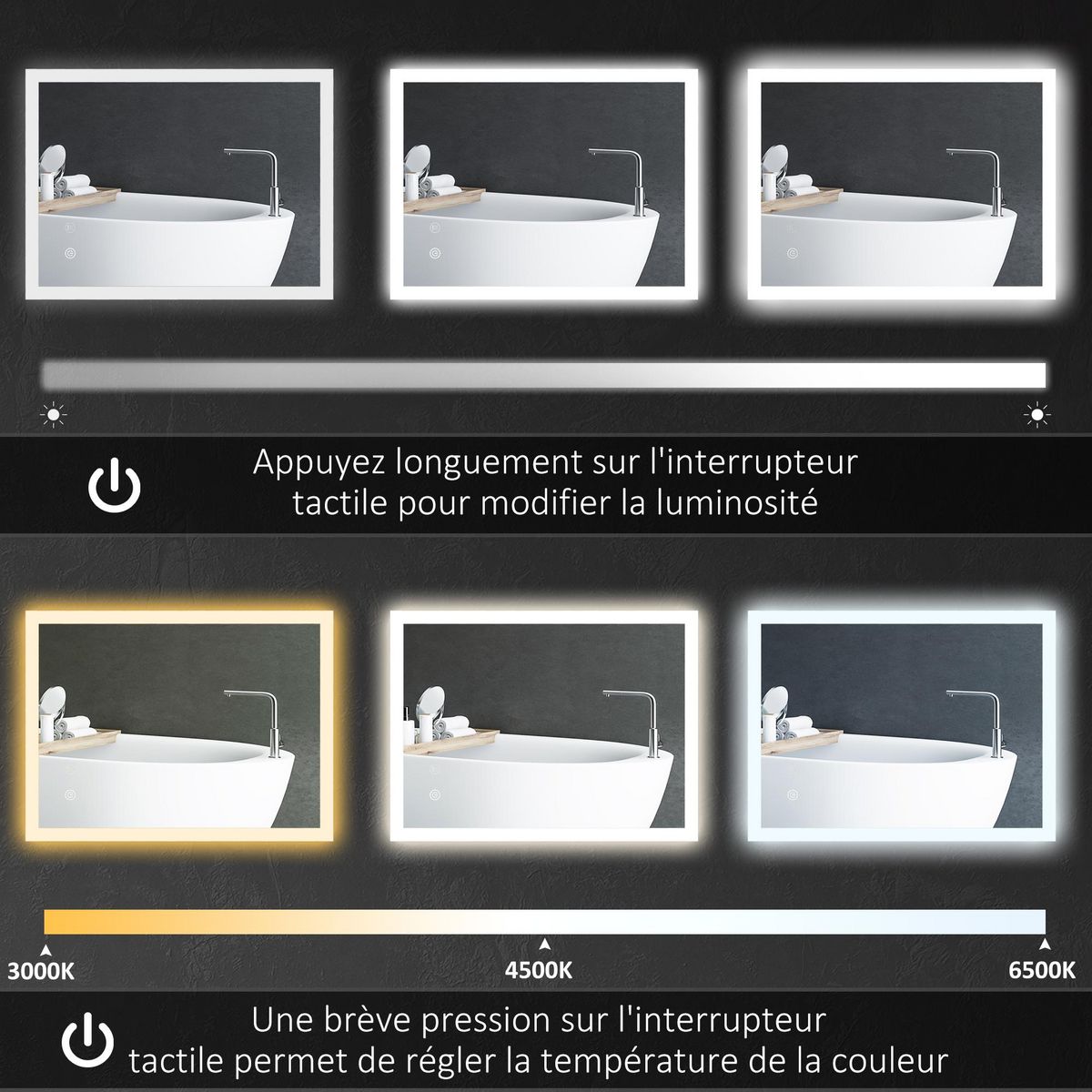 KLEANKIN Miroir mural lumineux LED de salle de bain - 80 x 60 cm - avec 3 couleurs, luminosité réglable interrupteur tactile système antibuée transparent