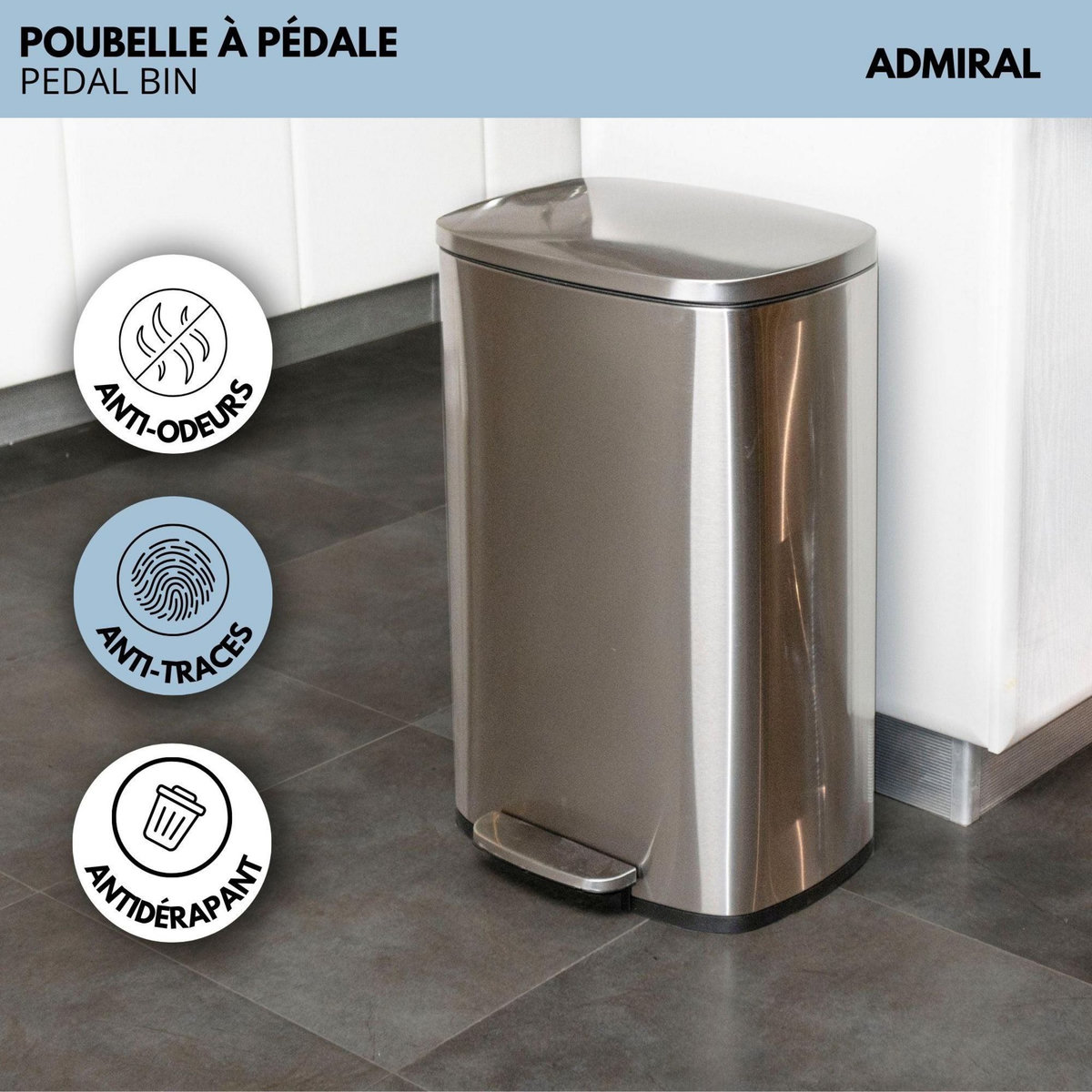 Kitchen move Poubelle de cuisine à pédale ADMIRAL Argent Acier inoxydable 50L